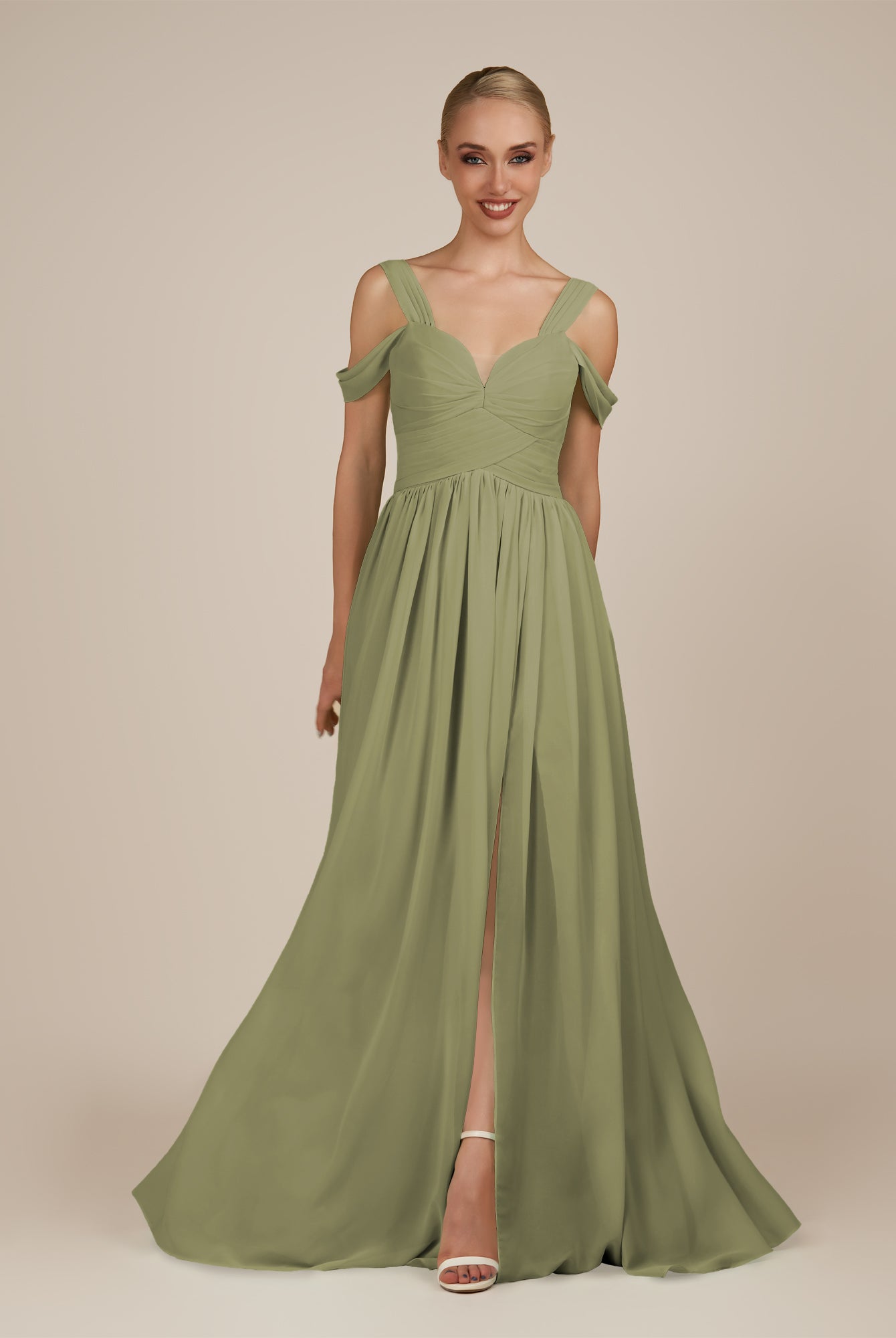 KissDress-Faye Thyme A Line Chiffon Off the Shoulder Pleated Long Bridesmaid Dress with Slit