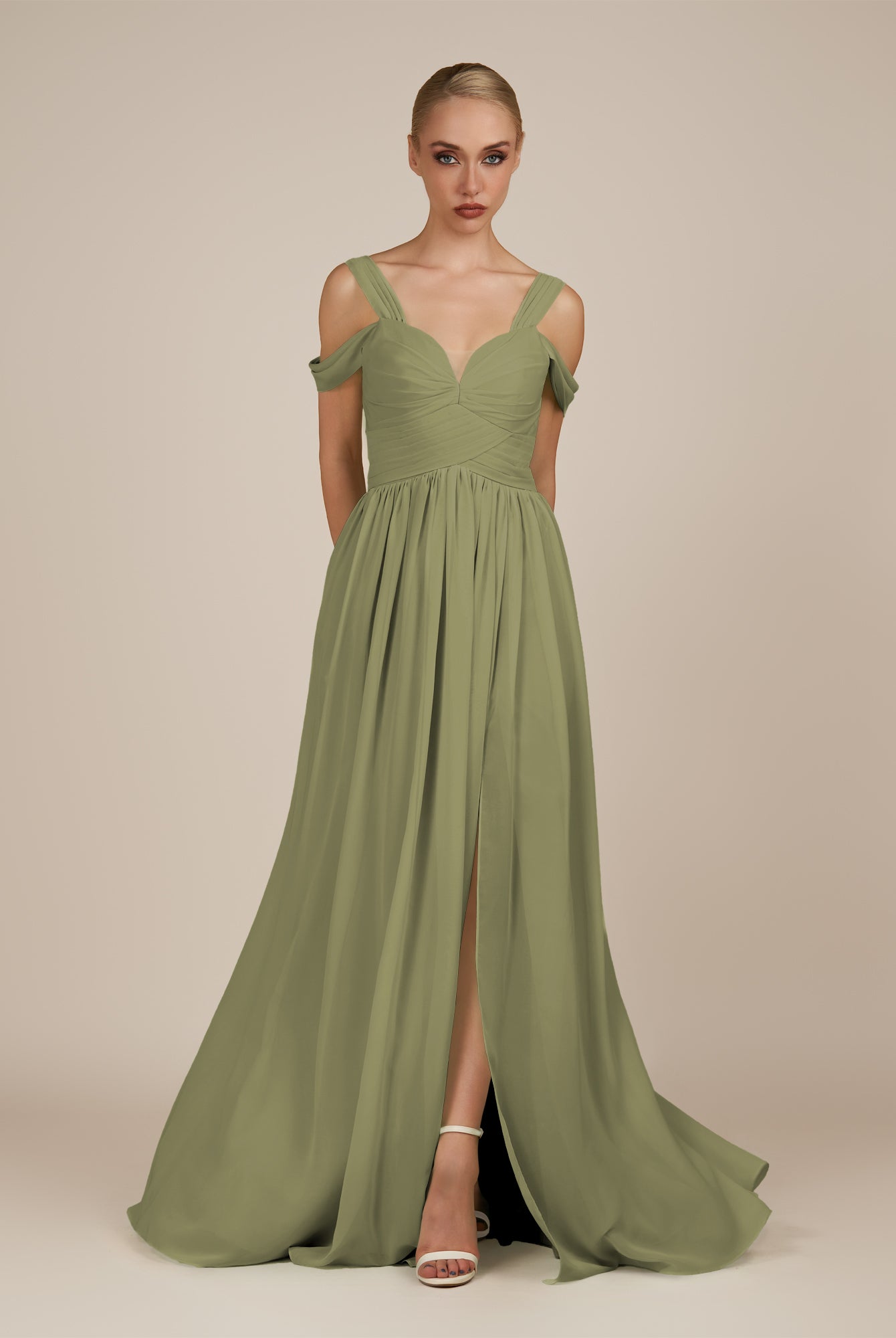 KissDress-Faye Thyme A Line Chiffon Off the Shoulder Pleated Long Bridesmaid Dress with Slit