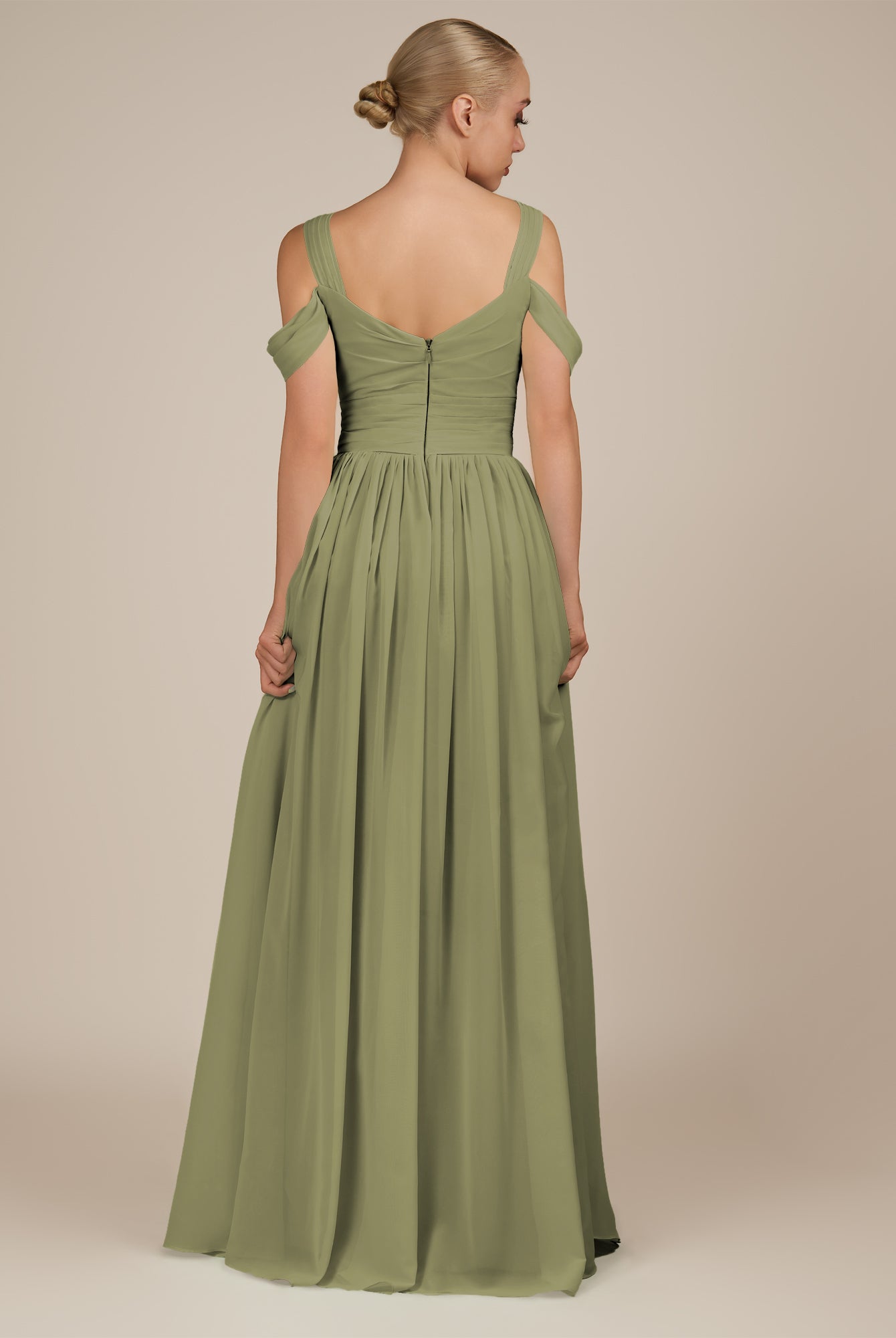 KissDress-Faye Thyme A Line Chiffon Off the Shoulder Pleated Long Bridesmaid Dress with Slit