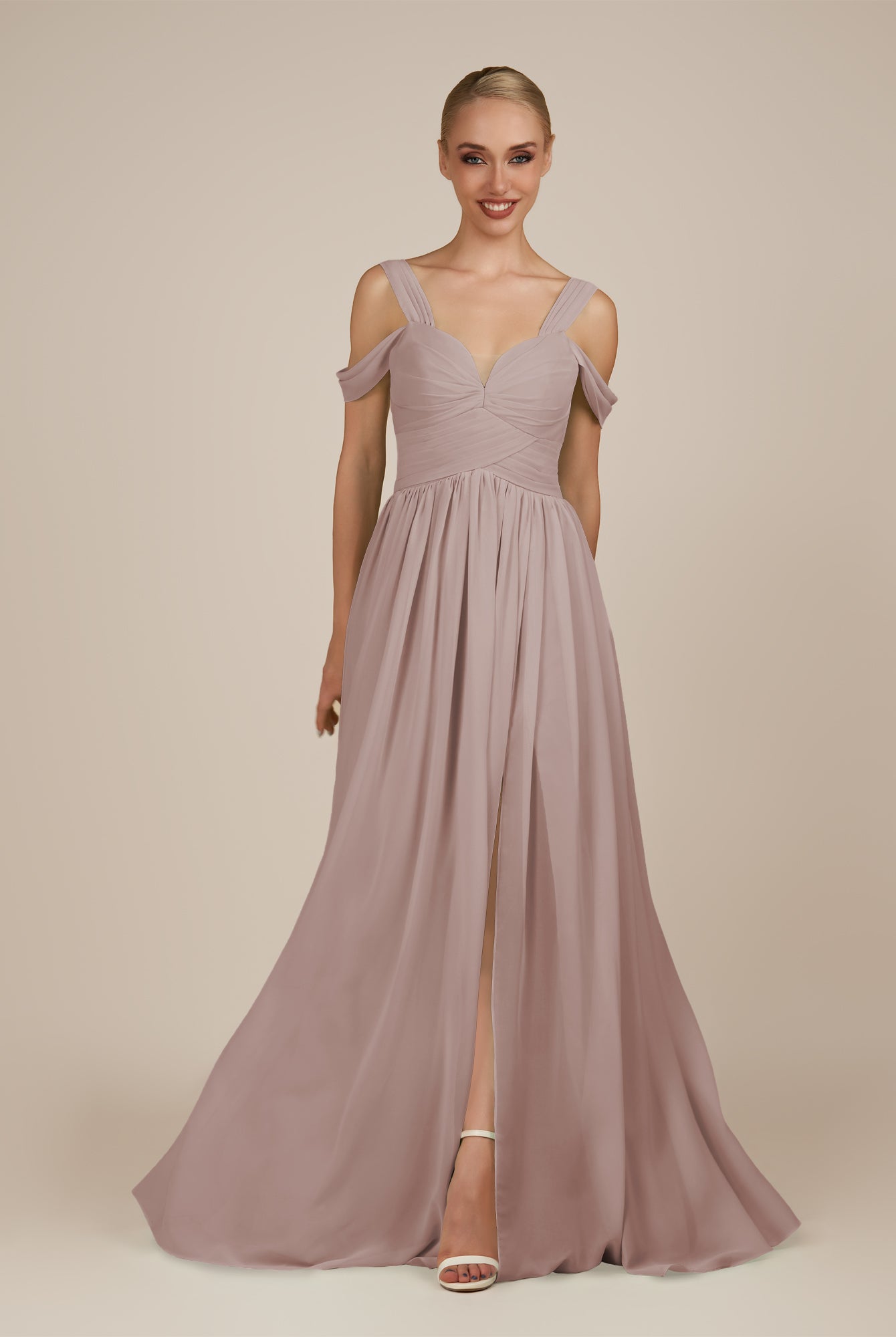 KissDress-Faye Toffee A Line Chiffon Off the Shoulder Pleated Long Bridesmaid Dress with Slit