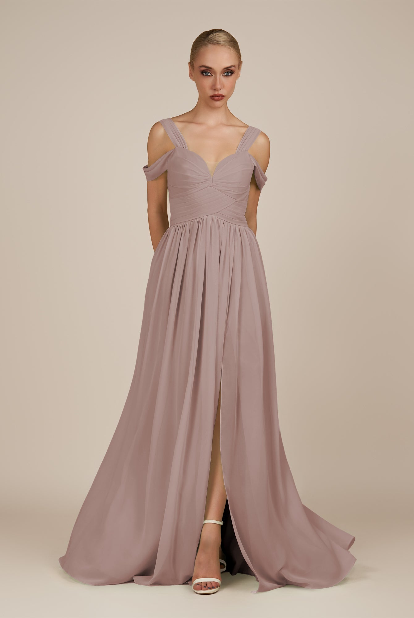 KissDress-Faye Toffee A Line Chiffon Off the Shoulder Pleated Long Bridesmaid Dress with Slit