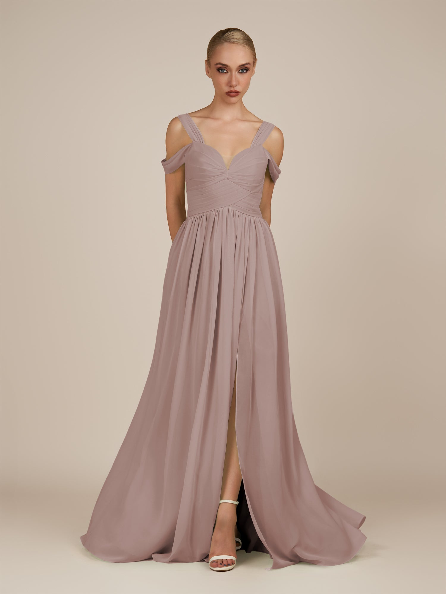KissDress-Faye Toffee A Line Chiffon Off the Shoulder Pleated Long Bridesmaid Dress with Slit