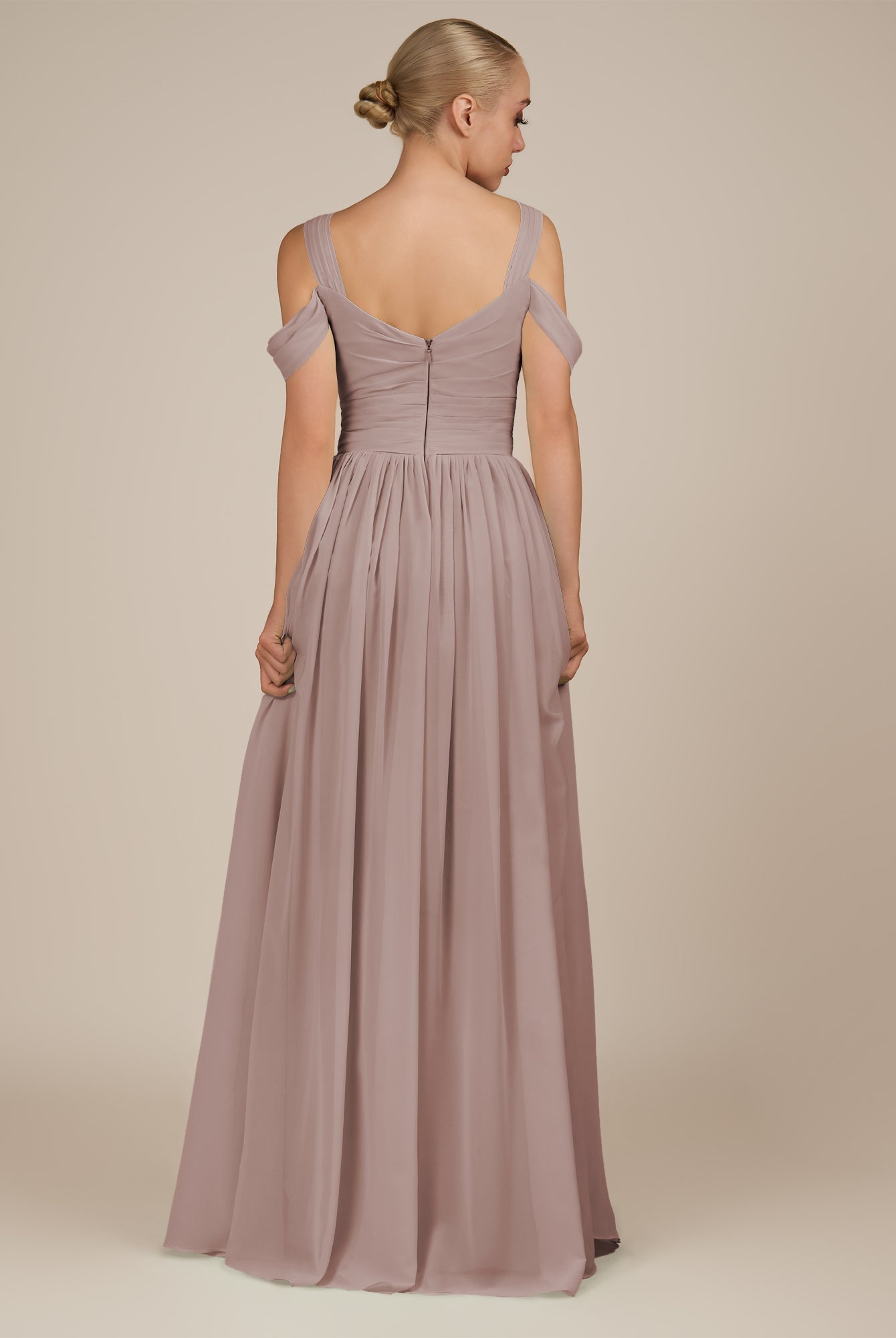 KissDress-Faye Toffee A Line Chiffon Off the Shoulder Pleated Long Bridesmaid Dress with Slit