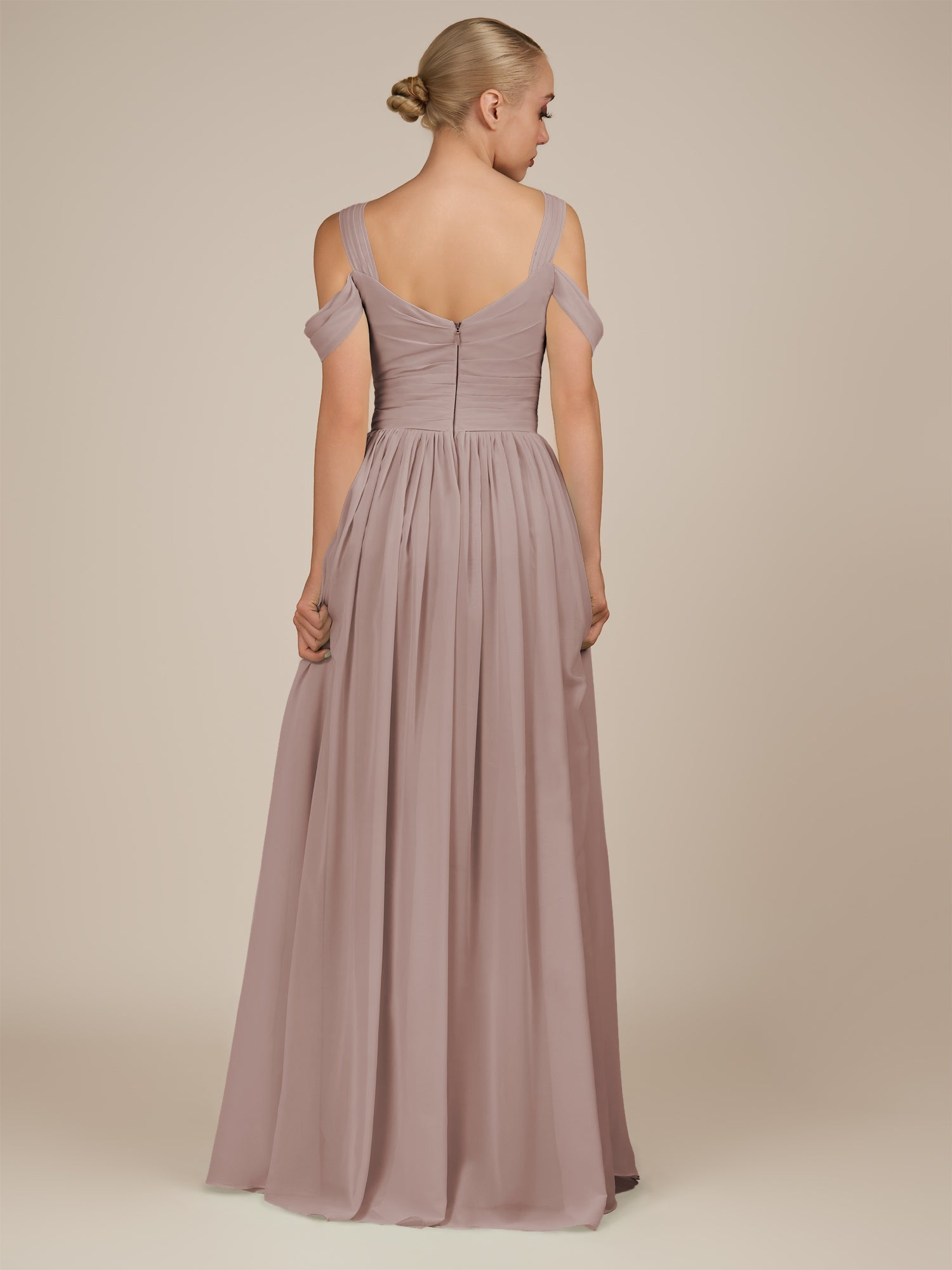 KissDress-Faye Toffee A Line Chiffon Off the Shoulder Pleated Long Bridesmaid Dress with Slit