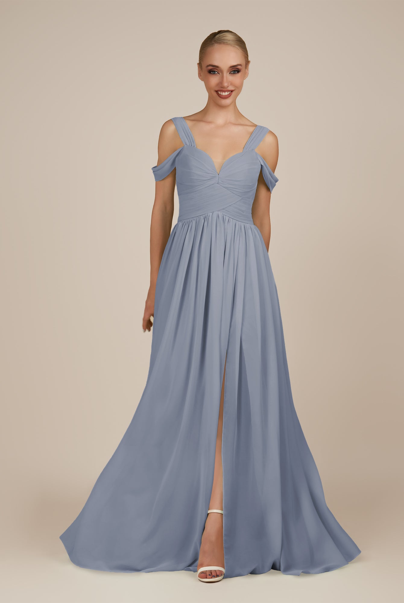 KissDress-Faye Twilight A Line Chiffon Off the Shoulder Pleated Long Bridesmaid Dress with Slit