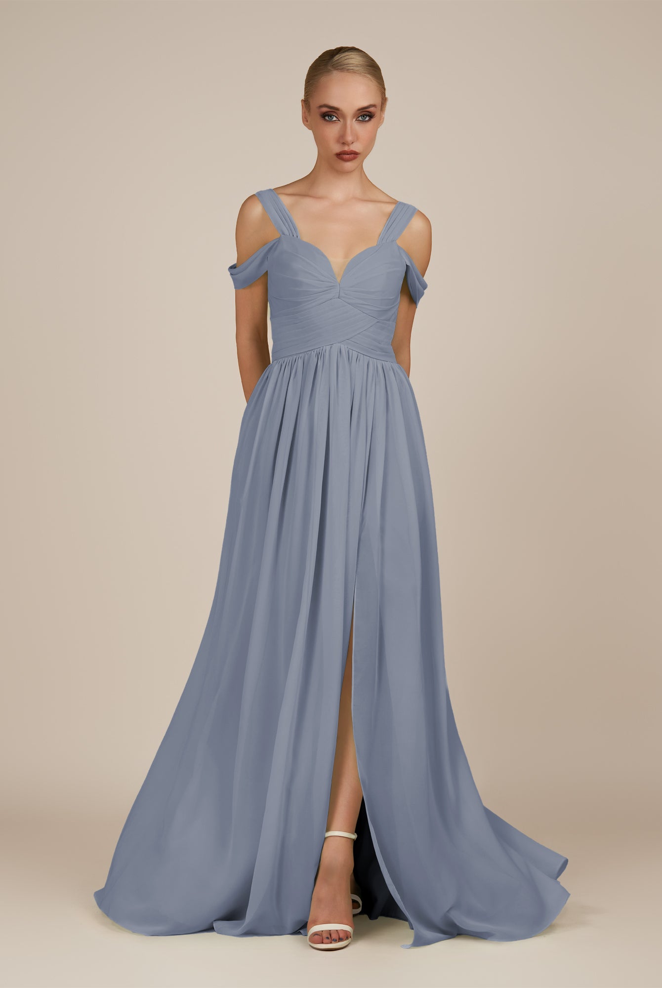KissDress-Faye Twilight A Line Chiffon Off the Shoulder Pleated Long Bridesmaid Dress with Slit