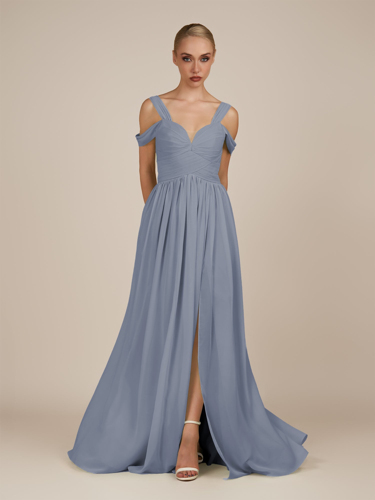 KissDress-Faye Twilight A Line Chiffon Off the Shoulder Pleated Long Bridesmaid Dress with Slit