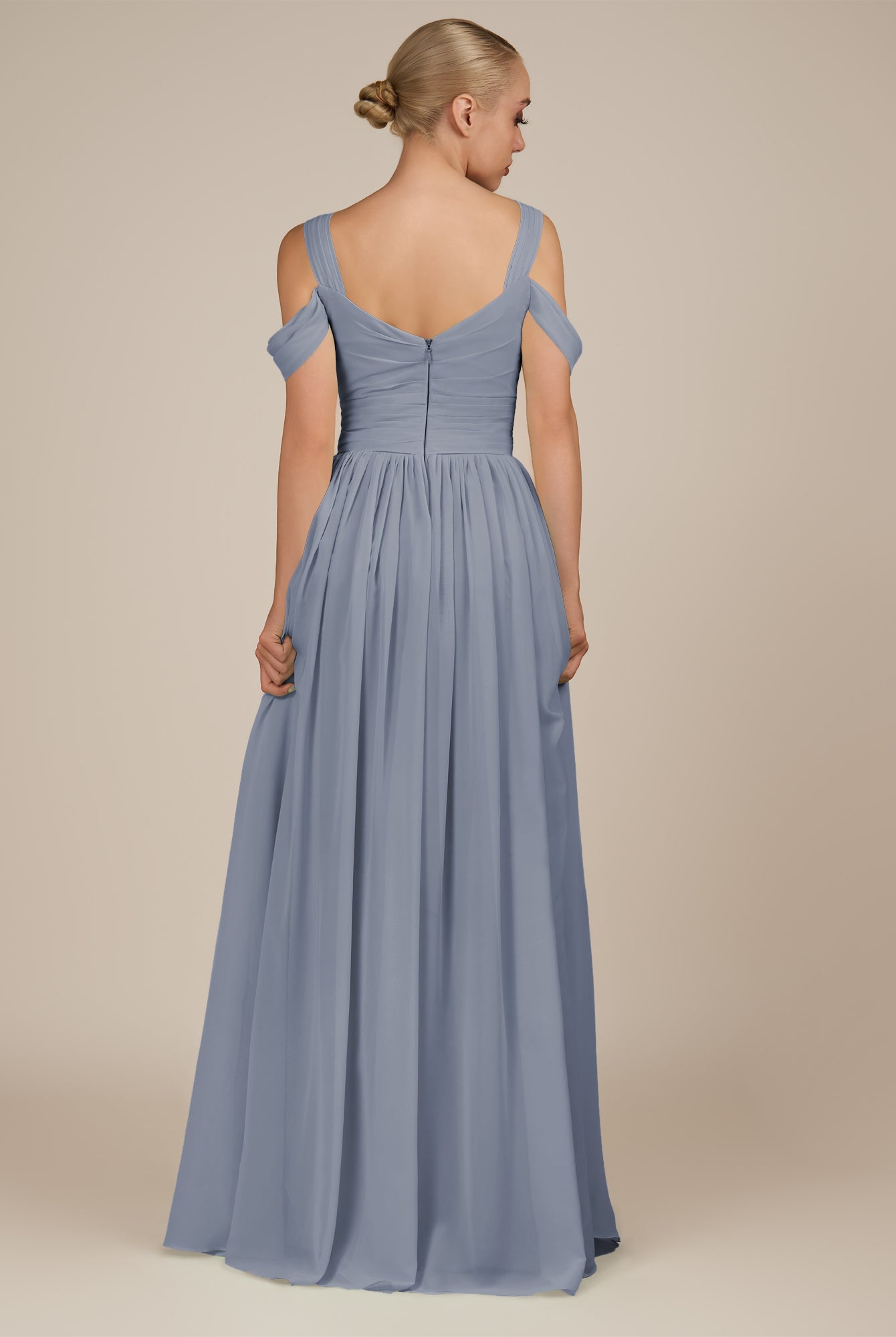 KissDress-Faye Twilight A Line Chiffon Off the Shoulder Pleated Long Bridesmaid Dress with Slit