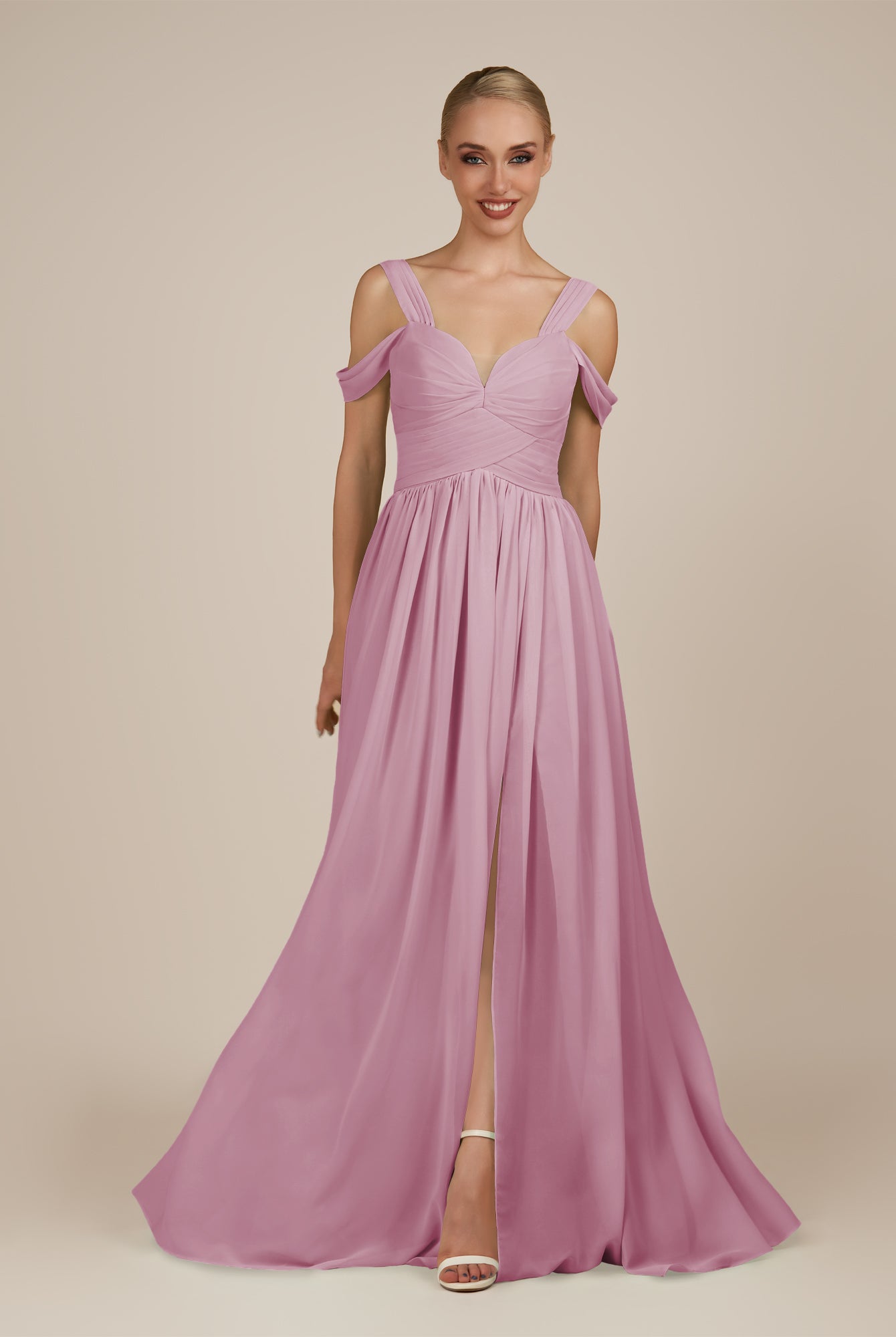KissDress-Faye Vintage Mauve A Line Chiffon Off the Shoulder Pleated Long Bridesmaid Dress with Slit