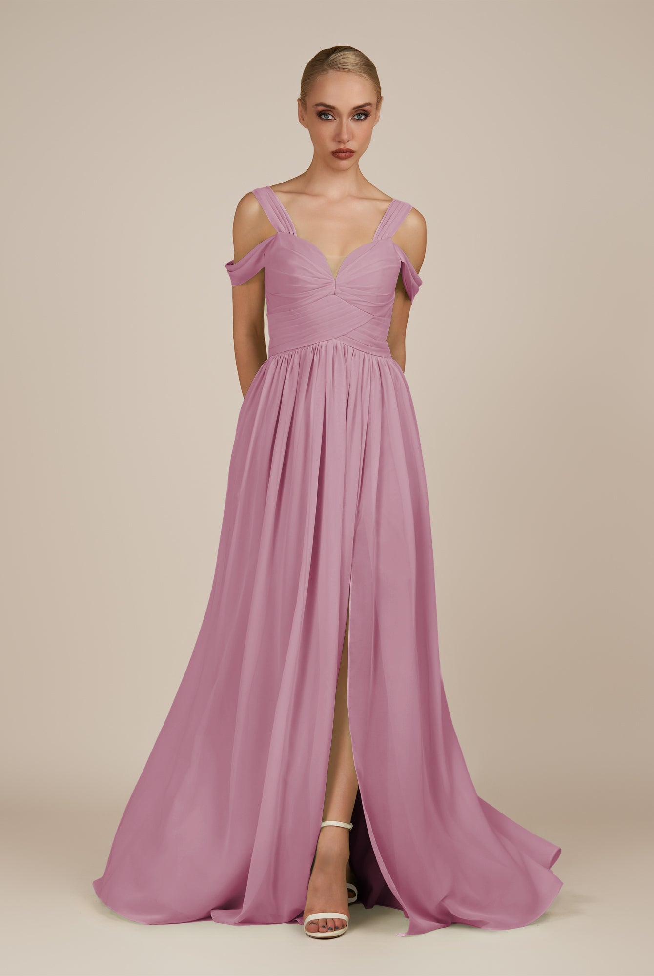 KissDress-Faye Vintage Mauve A Line Chiffon Off the Shoulder Pleated Long Bridesmaid Dress with Slit