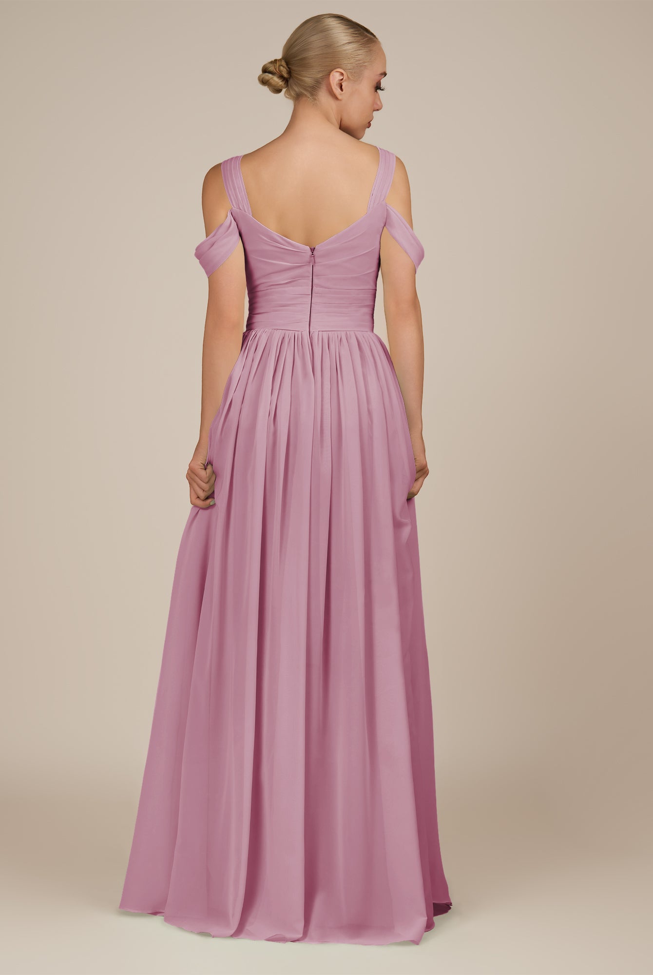 KissDress-Faye Vintage Mauve A Line Chiffon Off the Shoulder Pleated Long Bridesmaid Dress with Slit