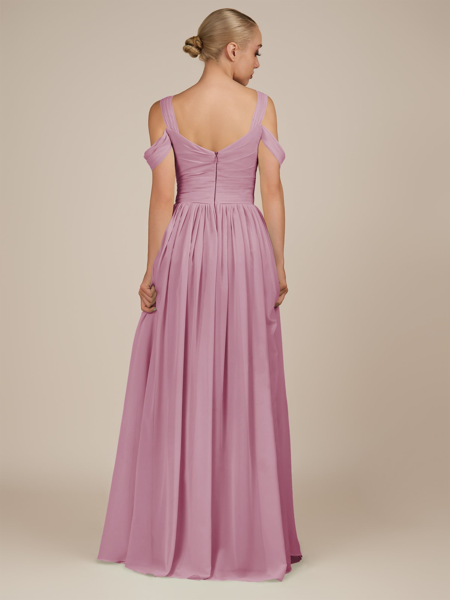 KissDress-Faye Vintage Mauve A Line Chiffon Off the Shoulder Pleated Long Bridesmaid Dress with Slit