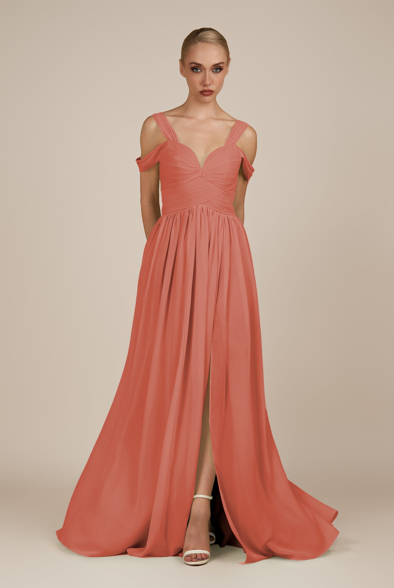 KissDress-Faye Wild Rose A Line Chiffon Off the Shoulder Pleated Long Bridesmaid Dress with Slit