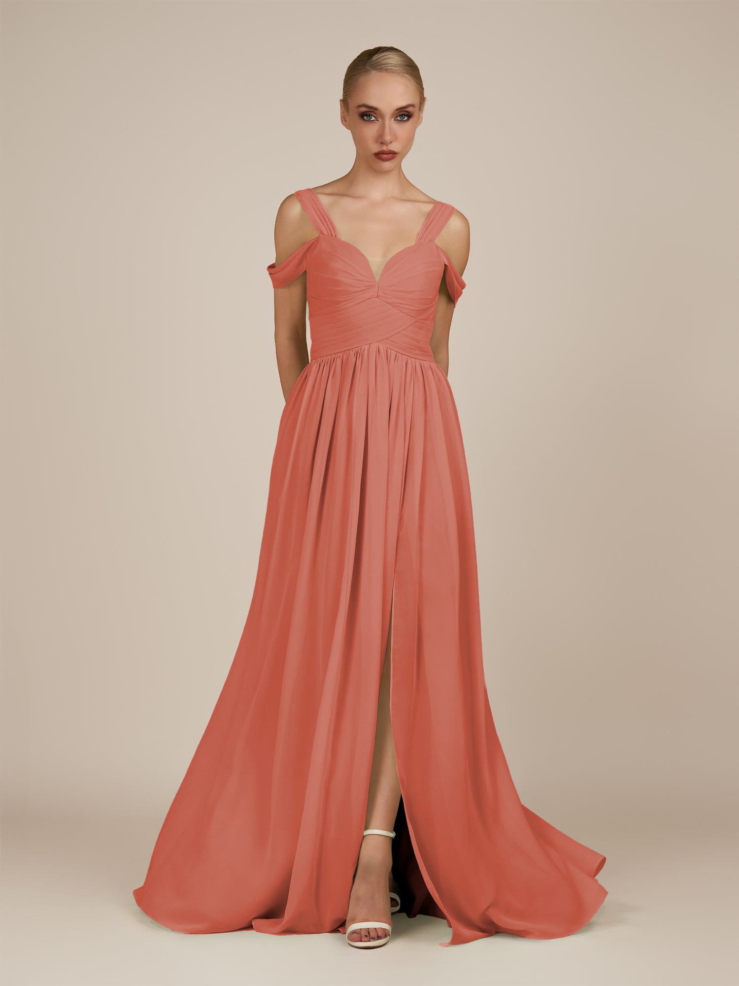 KissDress-Faye Wild Rose A Line Chiffon Off the Shoulder Pleated Long Bridesmaid Dress with Slit
