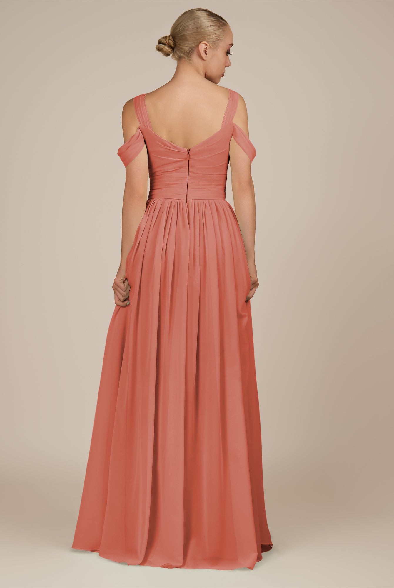KissDress-Faye Wild Rose A Line Chiffon Off the Shoulder Pleated Long Bridesmaid Dress with Slit
