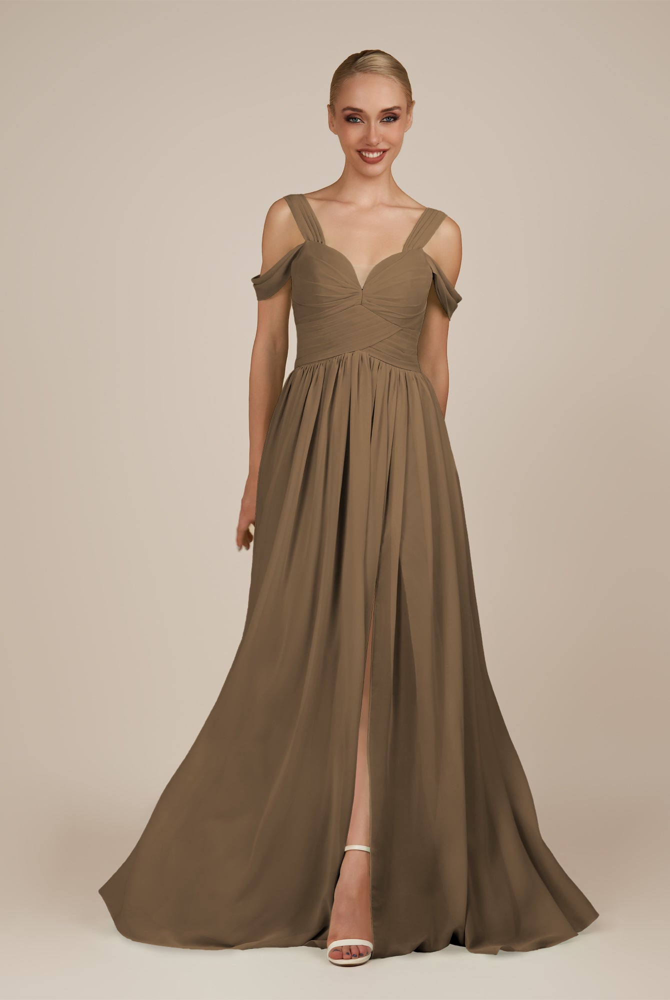 KissDress-Faye Willow Green A Line Chiffon Off the Shoulder Pleated Long Bridesmaid Dress with Slit