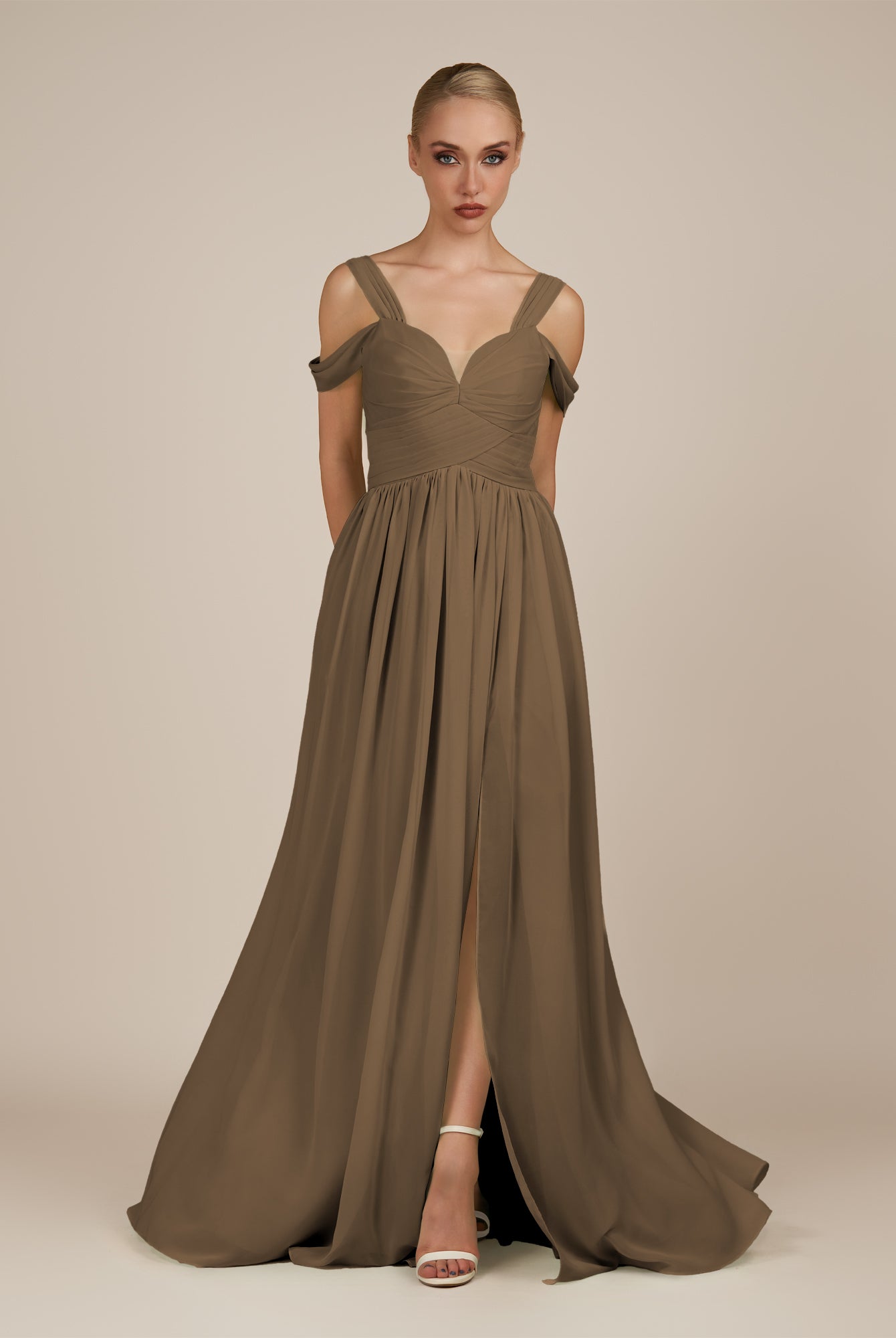 KissDress-Faye Willow Green A Line Chiffon Off the Shoulder Pleated Long Bridesmaid Dress with Slit