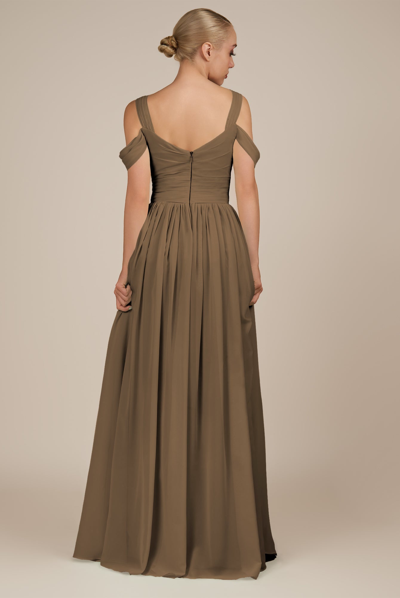KissDress-Faye Willow Green A Line Chiffon Off the Shoulder Pleated Long Bridesmaid Dress with Slit