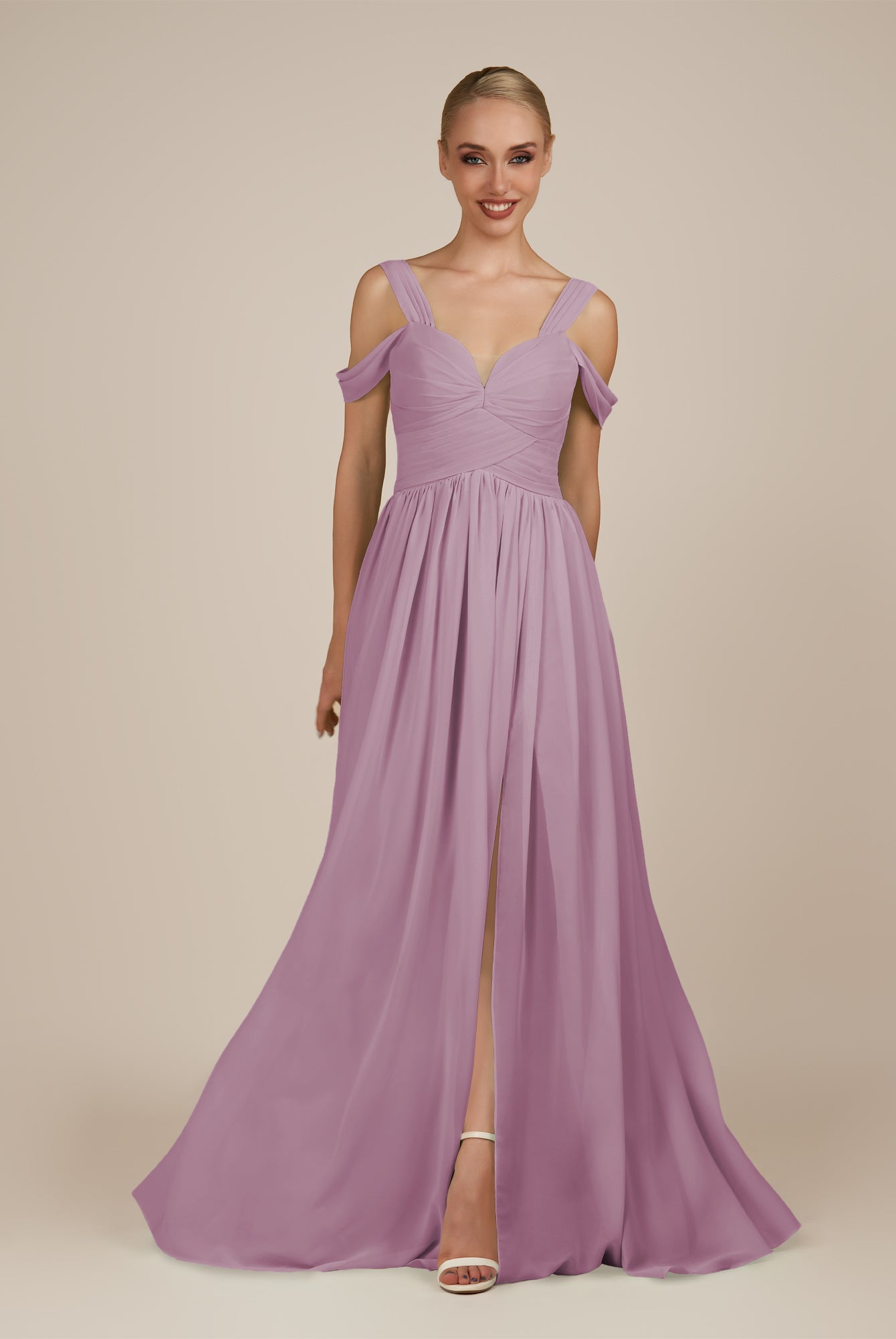 KissDress-Faye Wisteria A Line Chiffon Off the Shoulder Pleated Long Bridesmaid Dress with Slit
