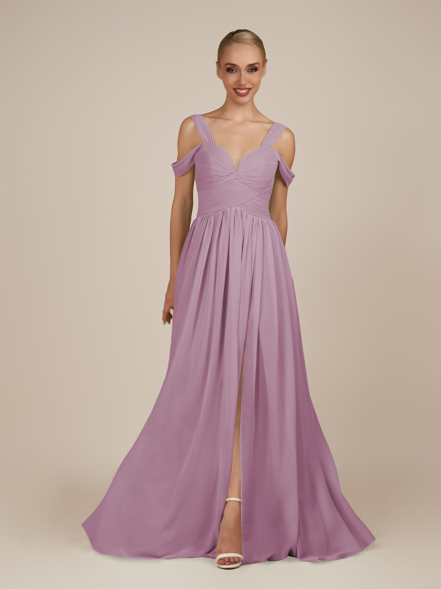 KissDress-Faye Wisteria A Line Chiffon Off the Shoulder Pleated Long Bridesmaid Dress with Slit