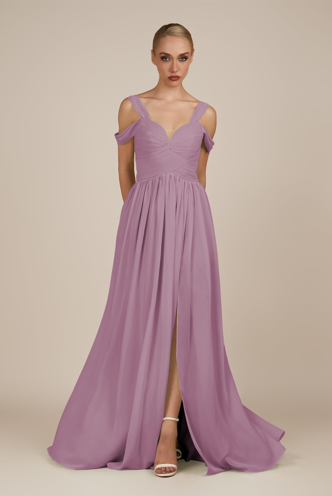 KissDress-Faye Wisteria A Line Chiffon Off the Shoulder Pleated Long Bridesmaid Dress with Slit