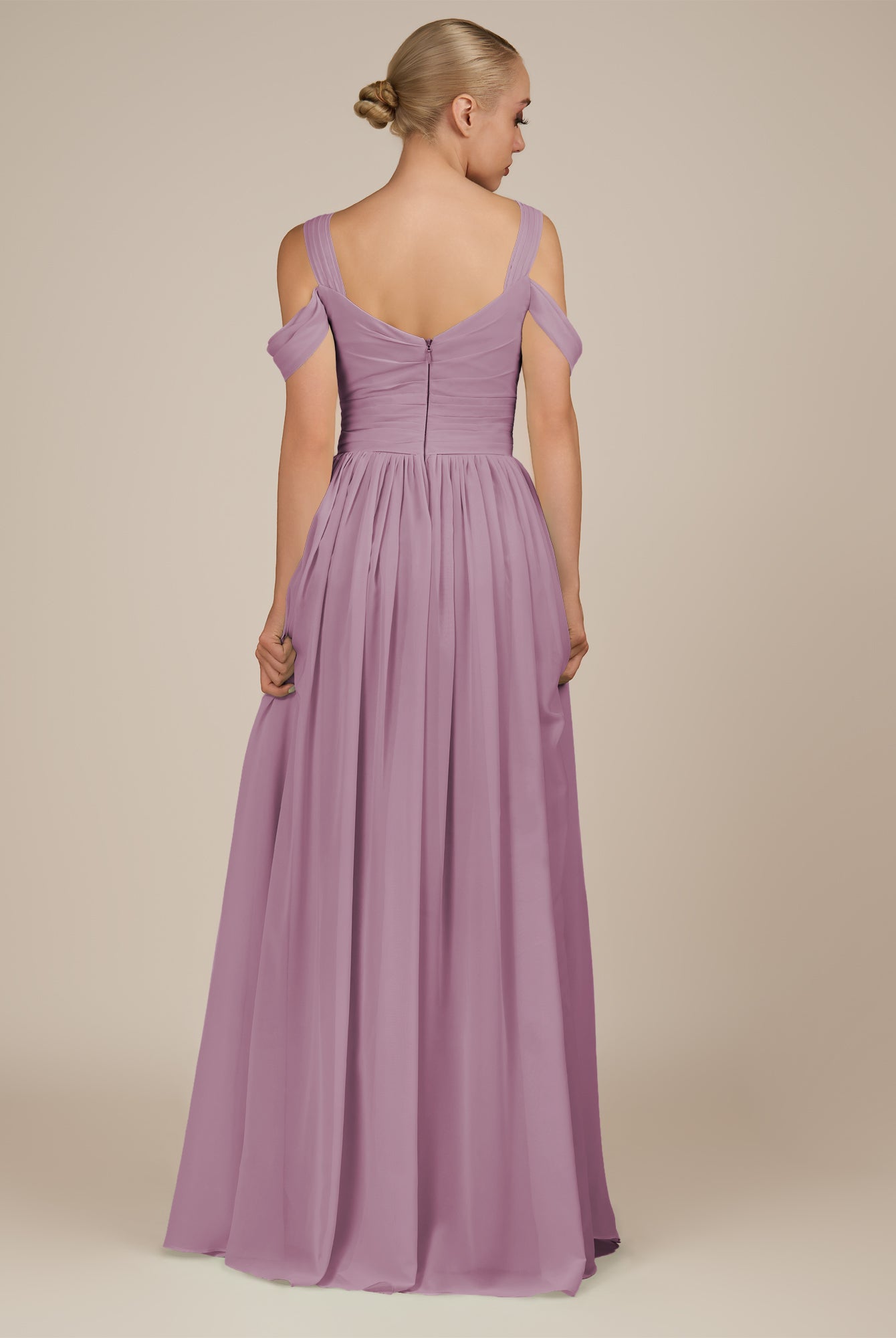 KissDress-Faye Wisteria A Line Chiffon Off the Shoulder Pleated Long Bridesmaid Dress with Slit
