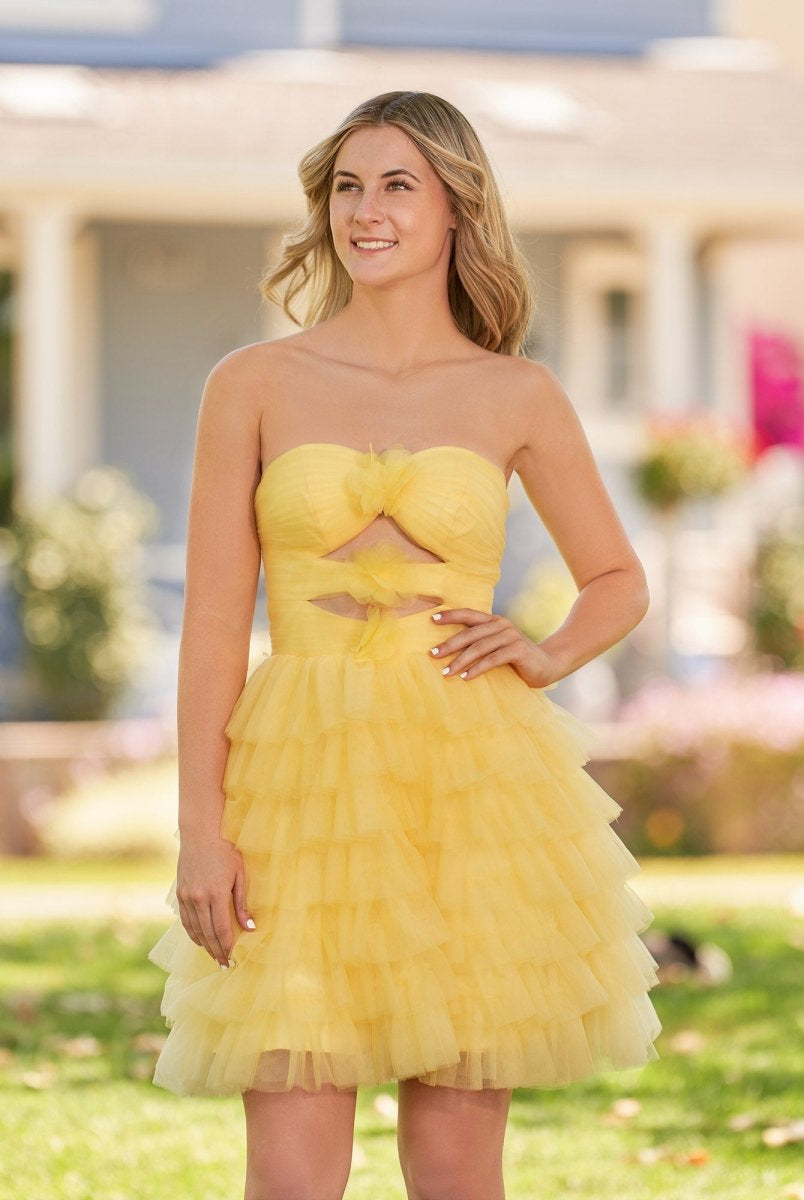 Feben | Strapless Tiered Ruffle Tulle Short Homecoming Dress With Flowers - KissProm