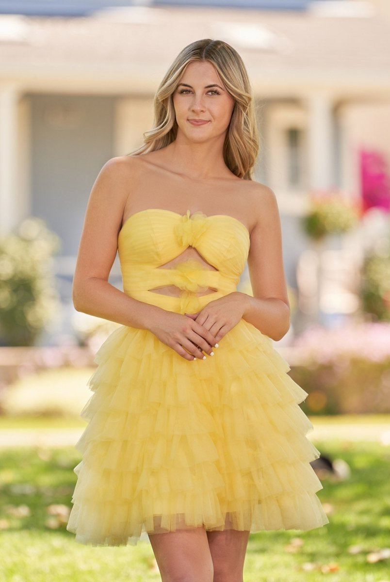 Feben | Strapless Tiered Ruffle Tulle Short Homecoming Dress With Flowers - KissProm