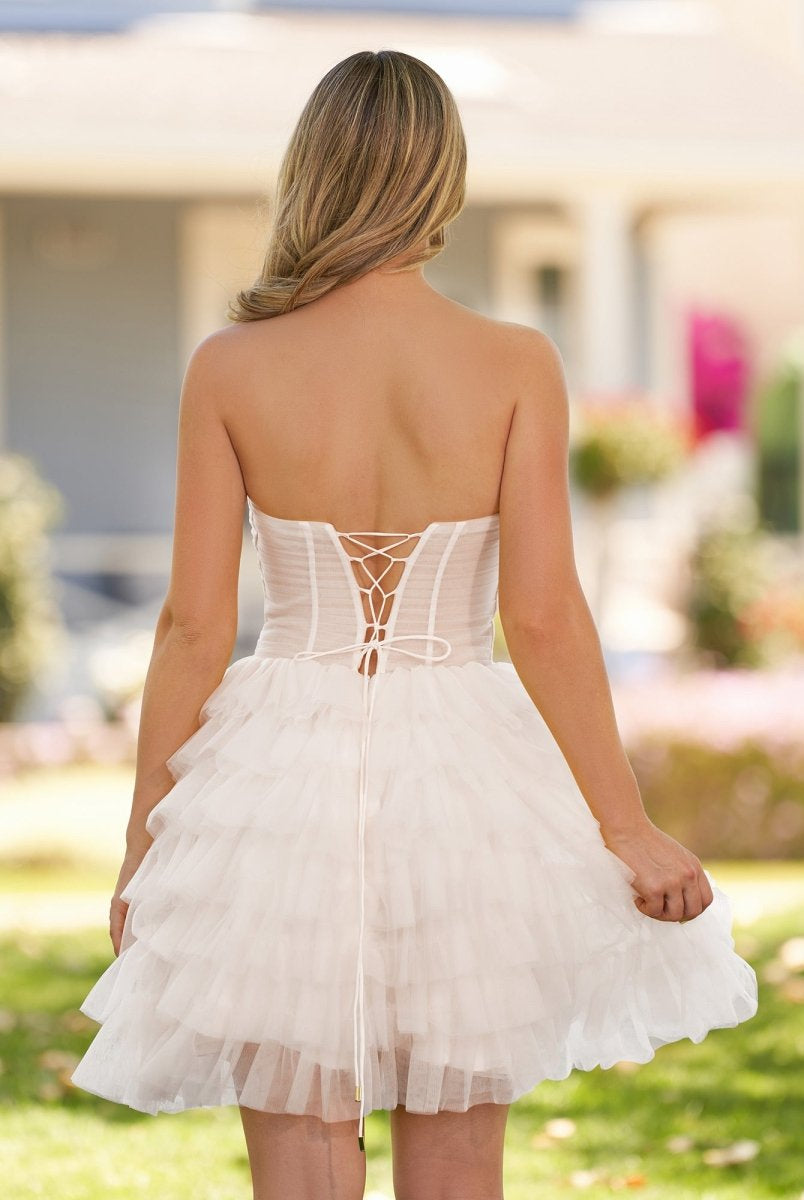 Feben | Strapless Tiered Ruffle Tulle Short Homecoming Dress With Flowers - KissProm