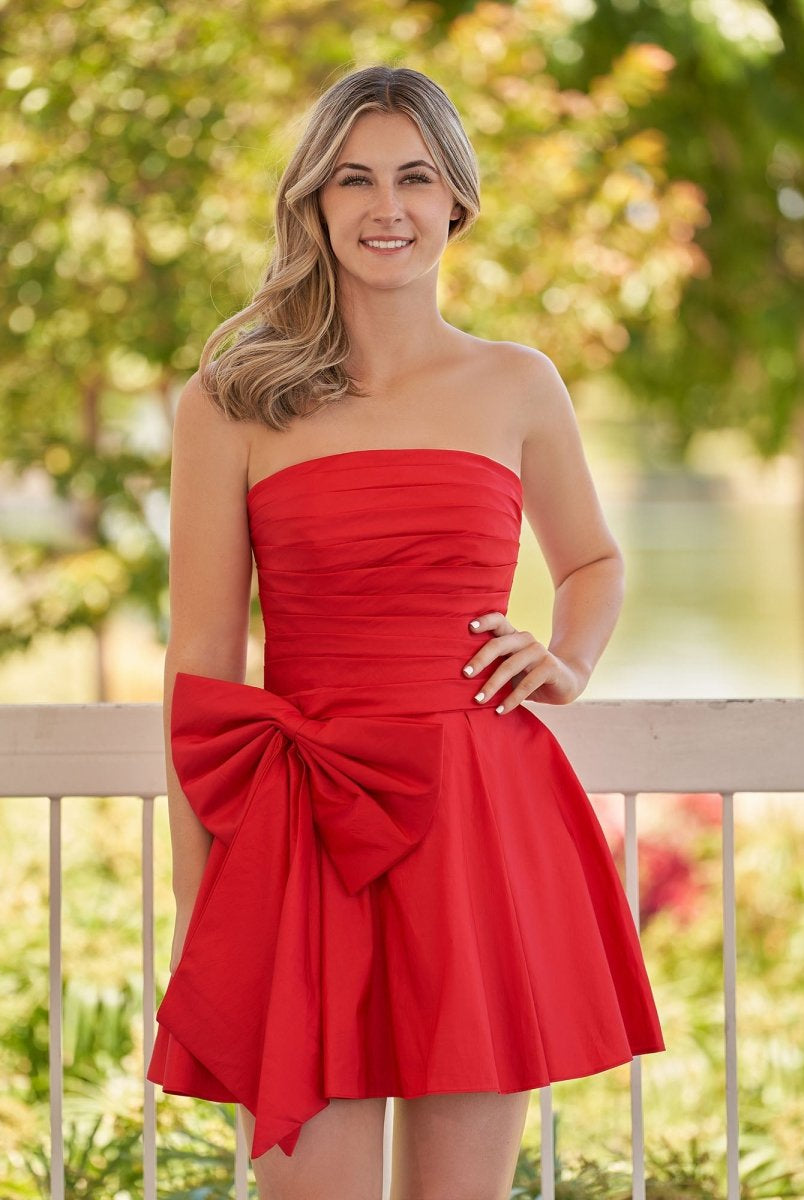 Fern | A - Line Red Strapless Mini Homecoming Dress with Bow - KissProm