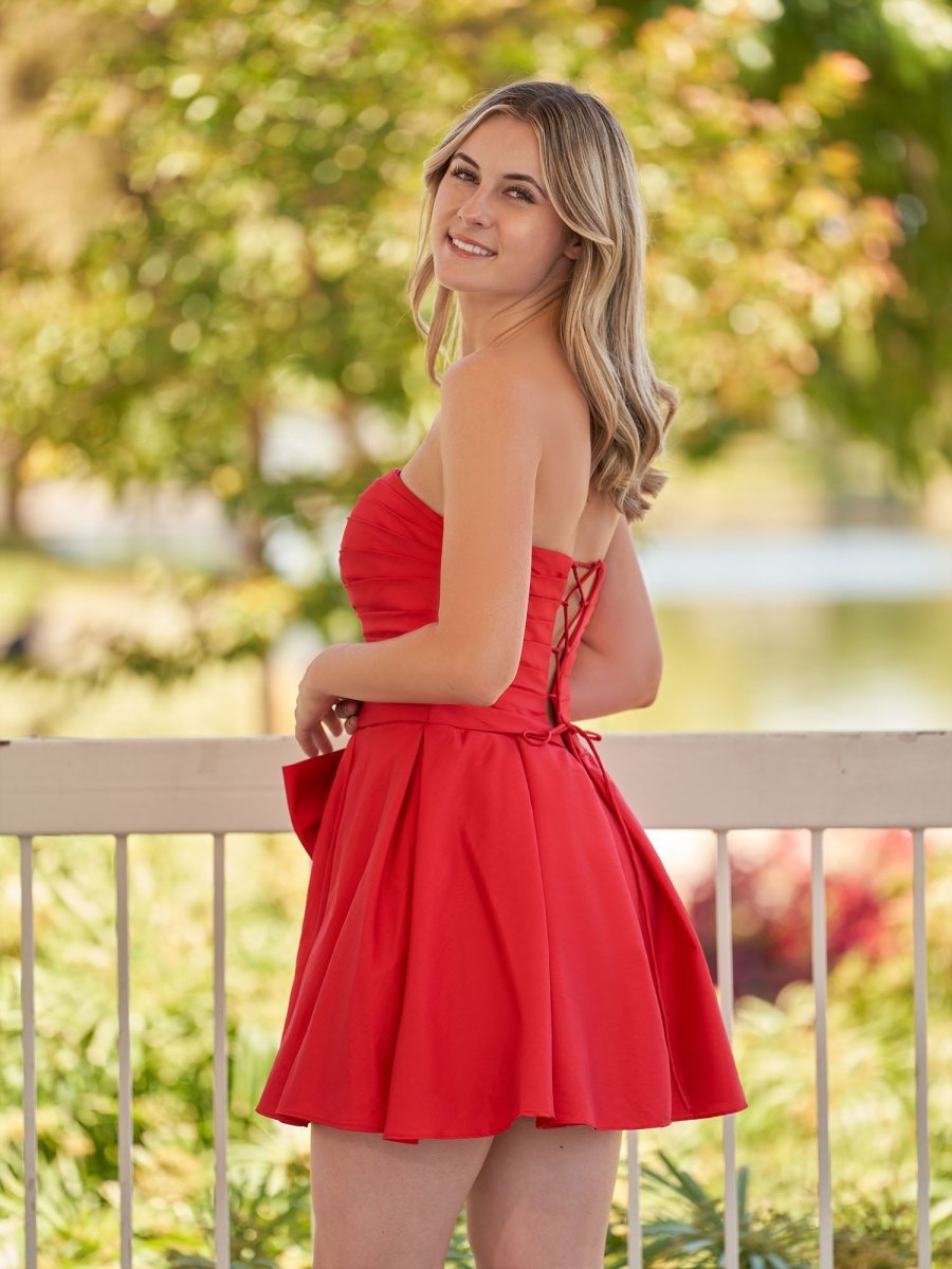 Fern | A - Line Red Strapless Mini Homecoming Dress with Bow - KissProm