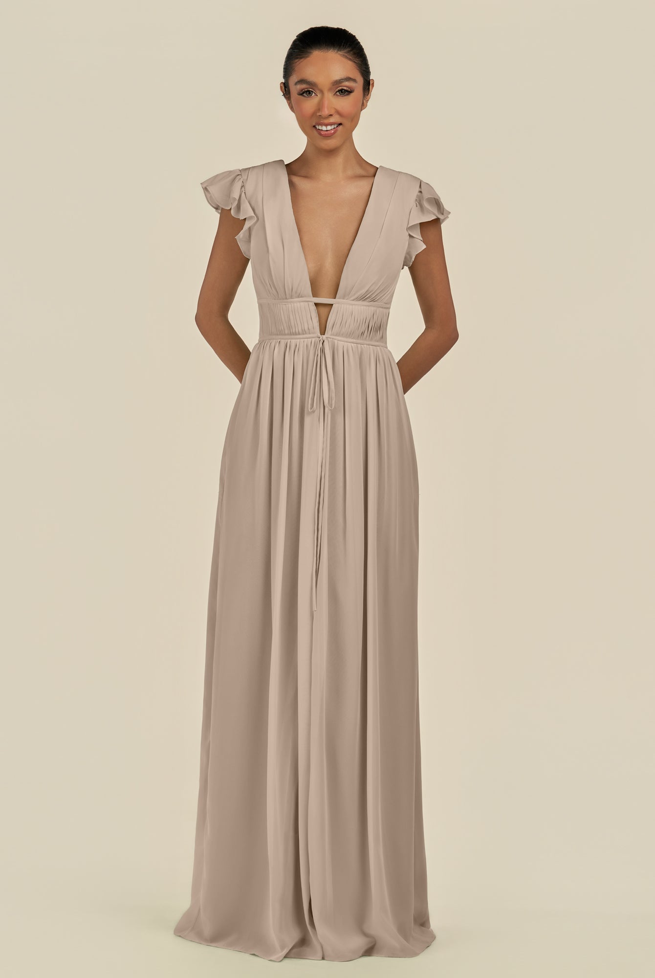 KissDress-Fienna Almond A Line Chiffon Deep V Neck Long Bridesmaid Dress with Flutter Sleeves