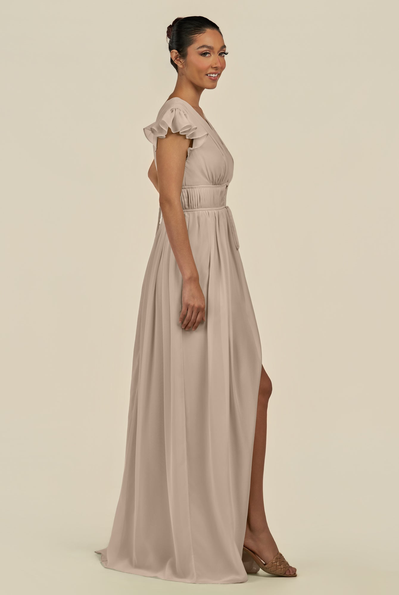 KissDress-Fienna Almond A Line Chiffon Deep V Neck Long Bridesmaid Dress with Flutter Sleeves