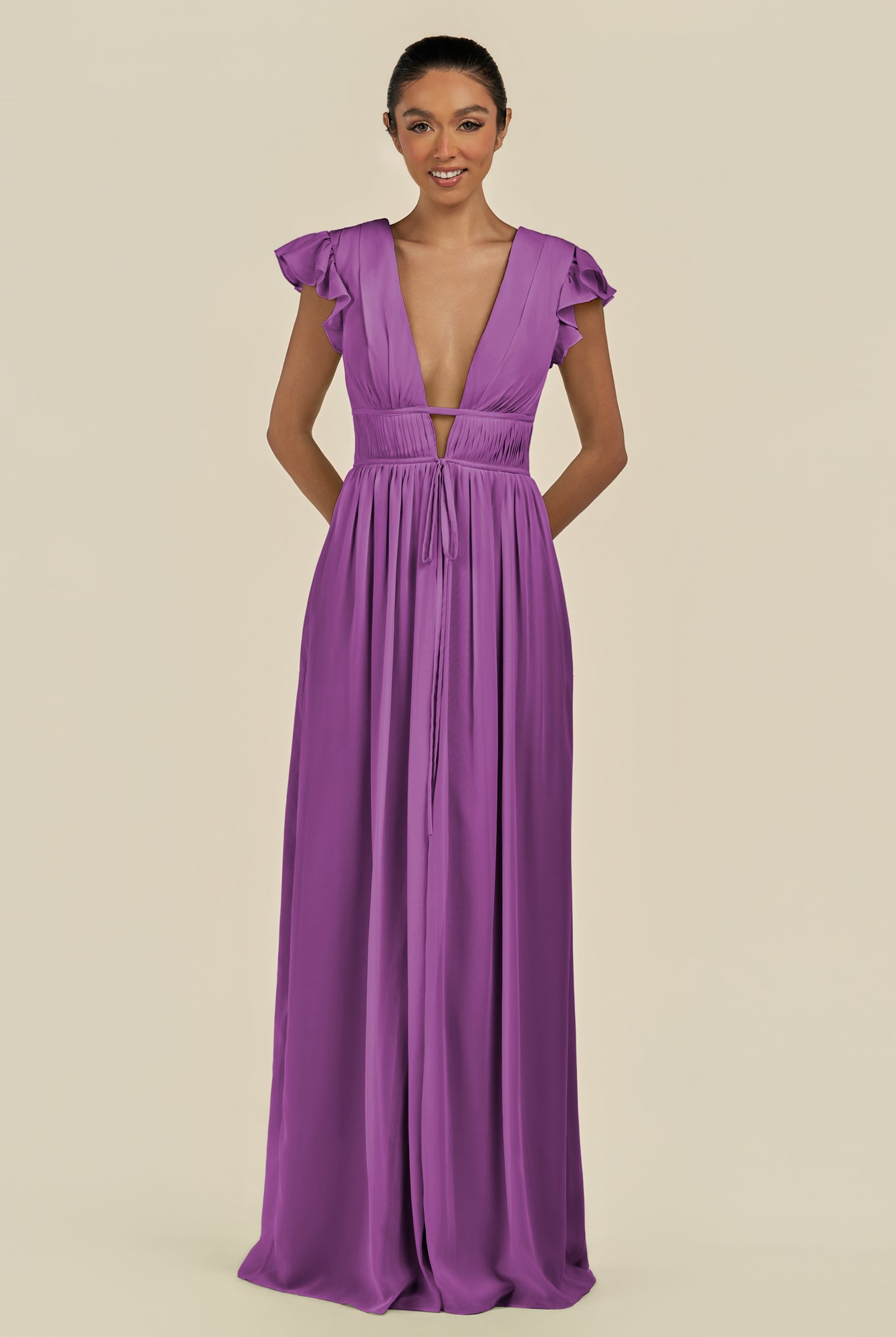 KissDress-Fienna Amethyst A Line Chiffon Deep V Neck Long Bridesmaid Dress with Flutter Sleeves