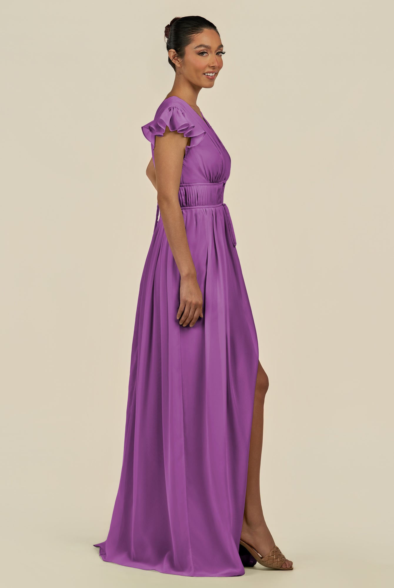 KissDress-Fienna Amethyst A Line Chiffon Deep V Neck Long Bridesmaid Dress with Flutter Sleeves