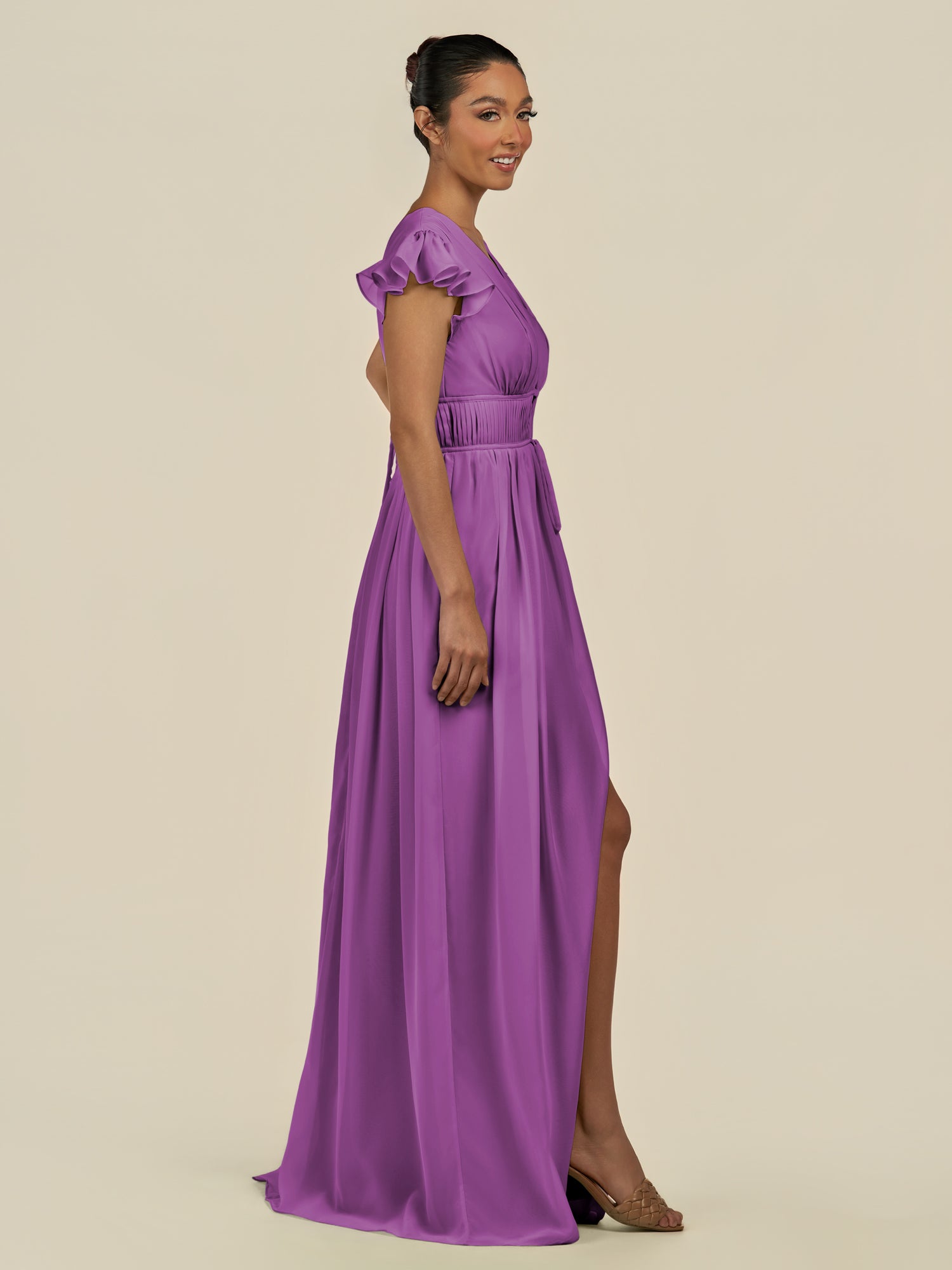 KissDress-Fienna Amethyst A Line Chiffon Deep V Neck Long Bridesmaid Dress with Flutter Sleeves