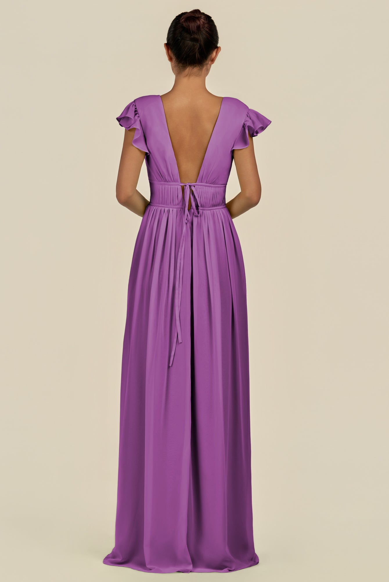 KissDress-Fienna Amethyst A Line Chiffon Deep V Neck Long Bridesmaid Dress with Flutter Sleeves