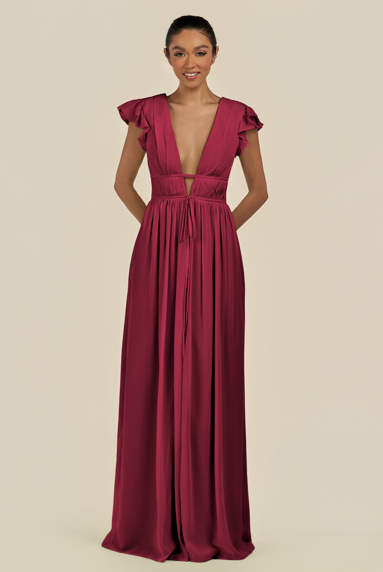KissDress-Fienna Berry A Line Chiffon Deep V Neck Long Bridesmaid Dress with Flutter Sleeves