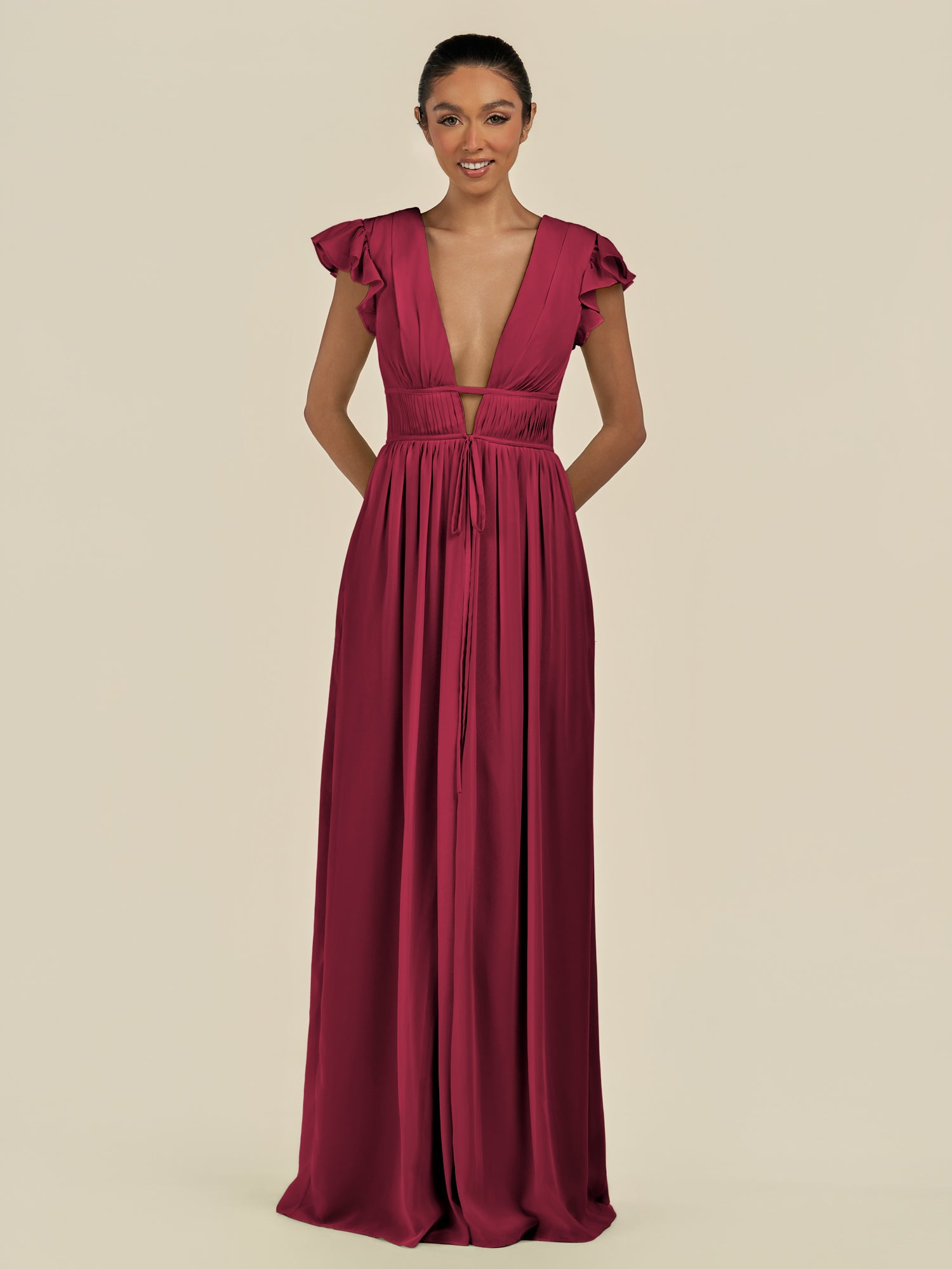 KissDress-Fienna Berry A Line Chiffon Deep V Neck Long Bridesmaid Dress with Flutter Sleeves