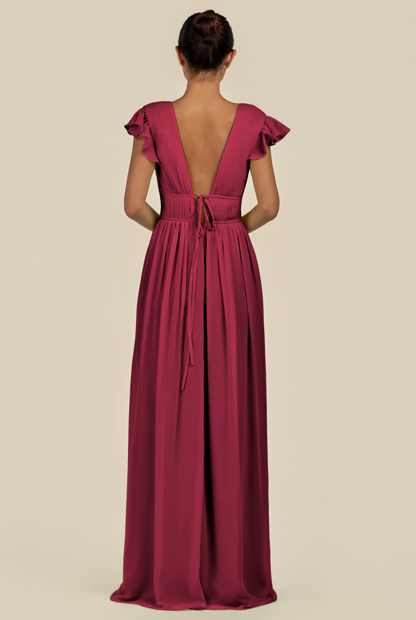 KissDress-Fienna Berry A Line Chiffon Deep V Neck Long Bridesmaid Dress with Flutter Sleeves