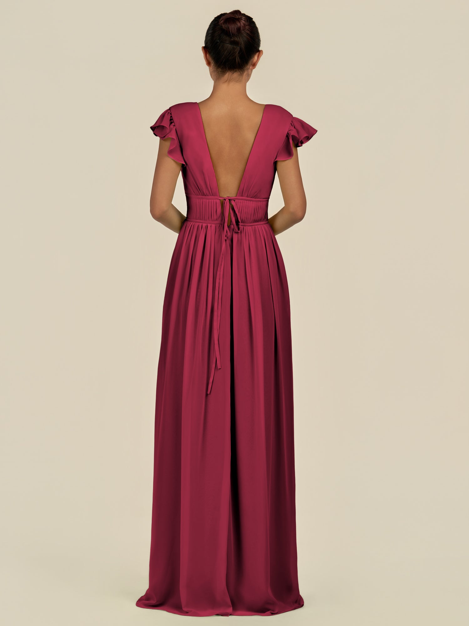 KissDress-Fienna Berry A Line Chiffon Deep V Neck Long Bridesmaid Dress with Flutter Sleeves