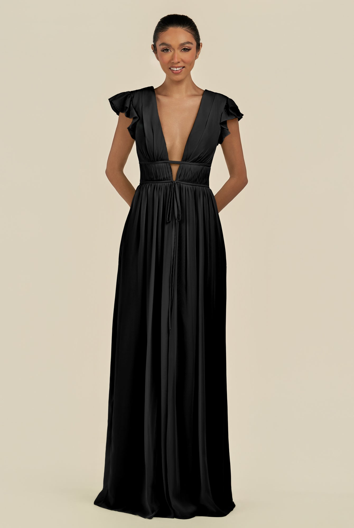 KissDress-Fienna Black A Line Chiffon Deep V Neck Long Bridesmaid Dress with Flutter Sleeves