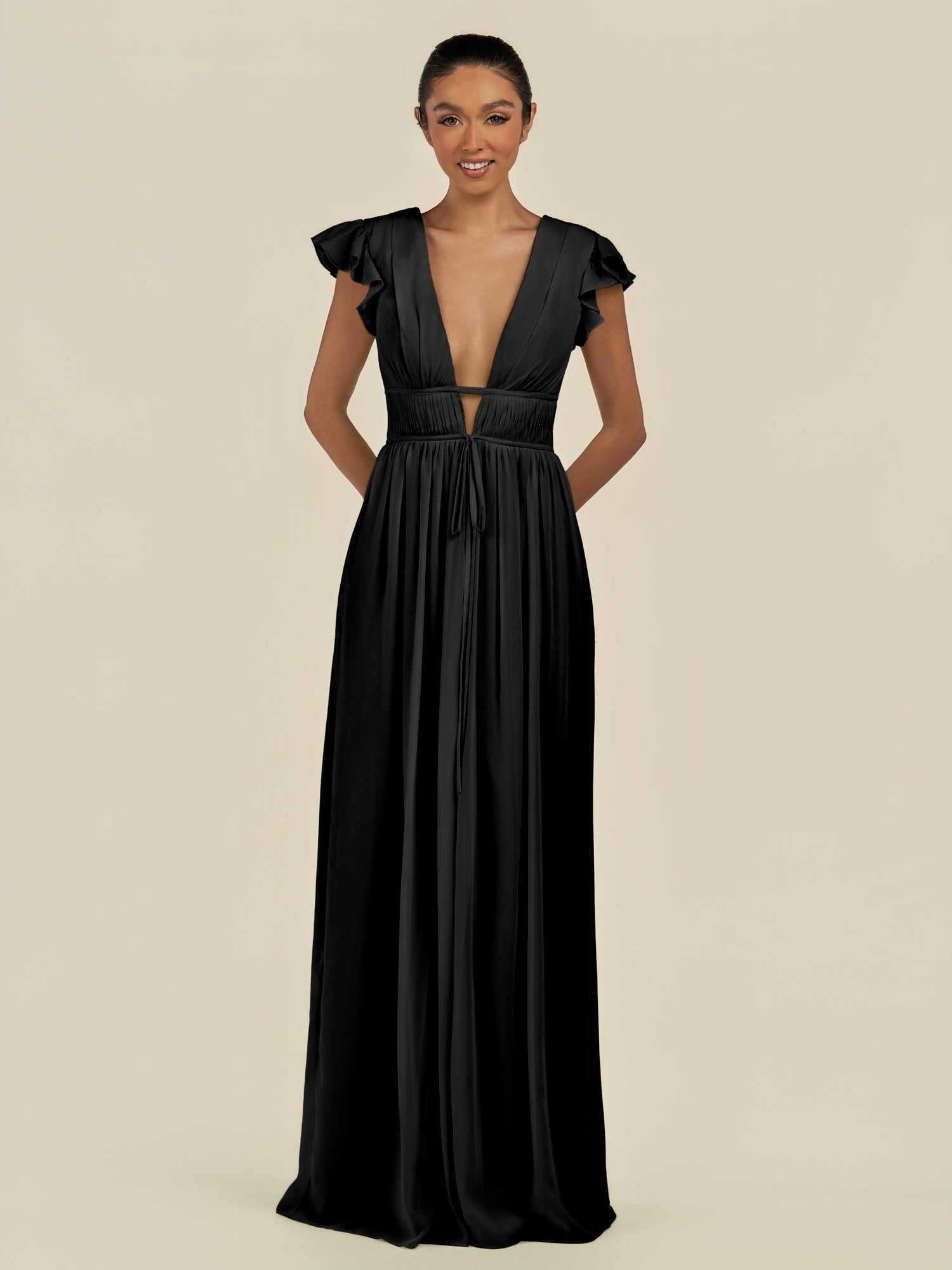 KissDress-Fienna Black A Line Chiffon Deep V Neck Long Bridesmaid Dress with Flutter Sleeves