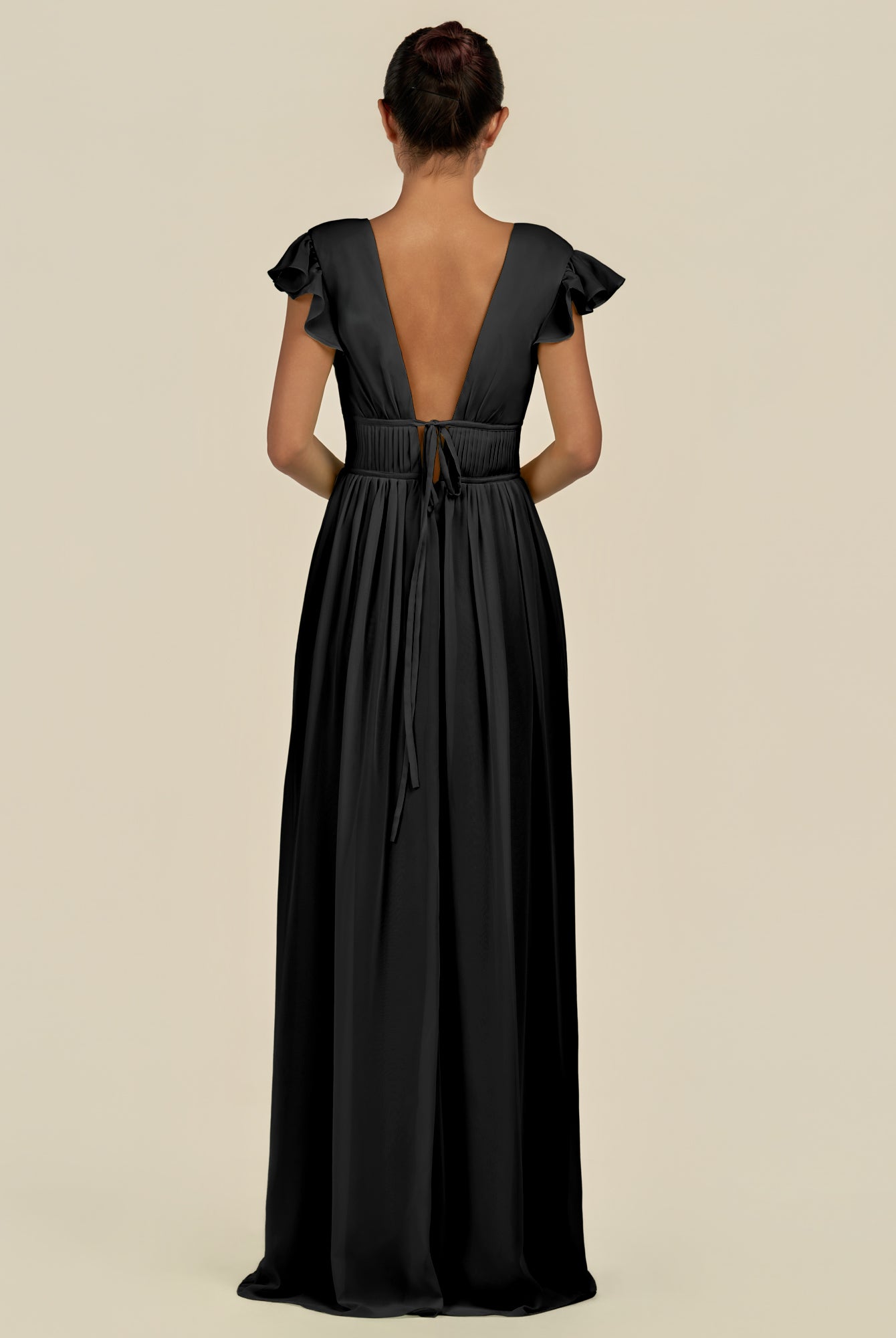 KissDress-Fienna Black A Line Chiffon Deep V Neck Long Bridesmaid Dress with Flutter Sleeves