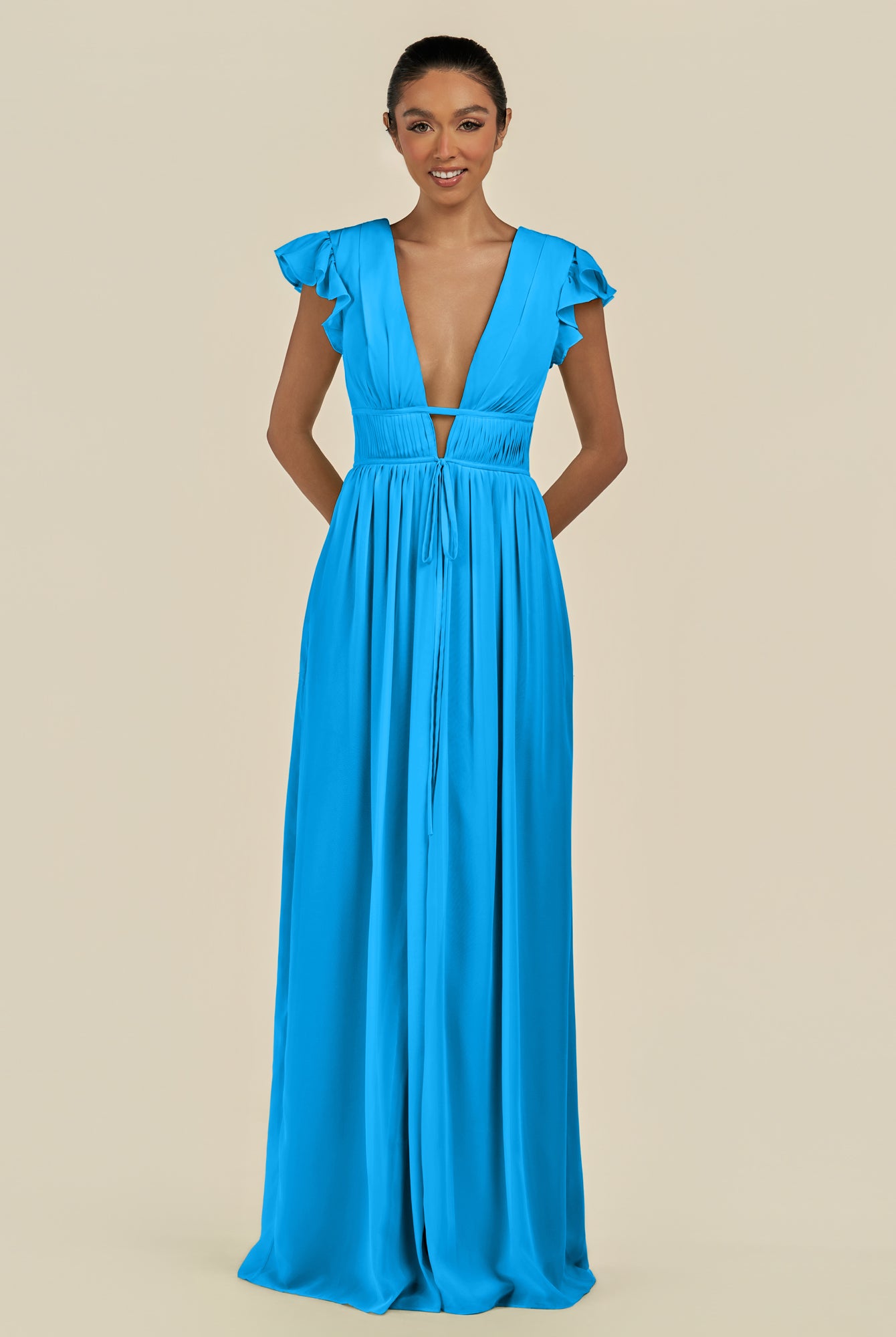 KissDress-Fienna Blue Jay A Line Chiffon Deep V Neck Long Bridesmaid Dress with Flutter Sleeves