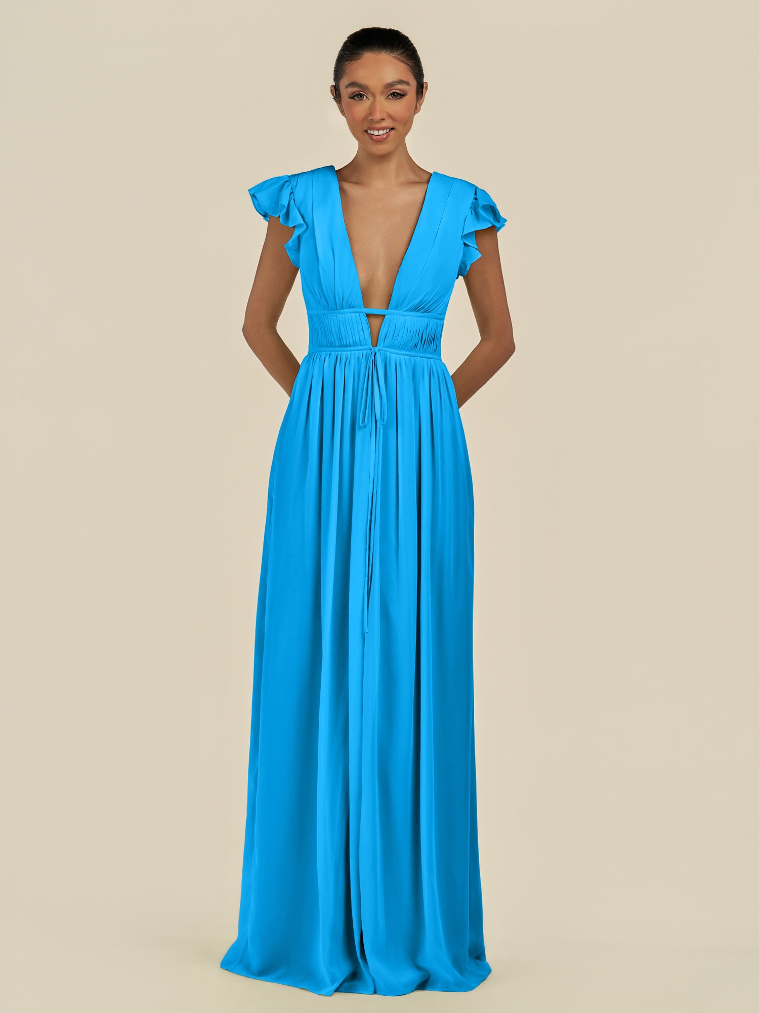 KissDress-Fienna Blue Jay A Line Chiffon Deep V Neck Long Bridesmaid Dress with Flutter Sleeves