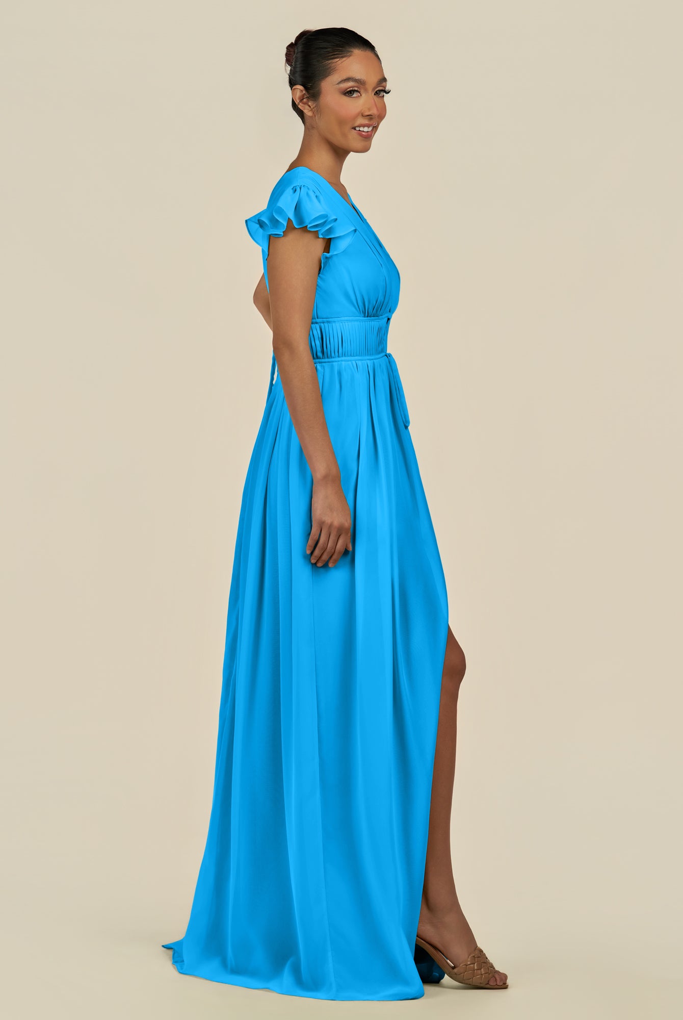 KissDress-Fienna Blue Jay A Line Chiffon Deep V Neck Long Bridesmaid Dress with Flutter Sleeves