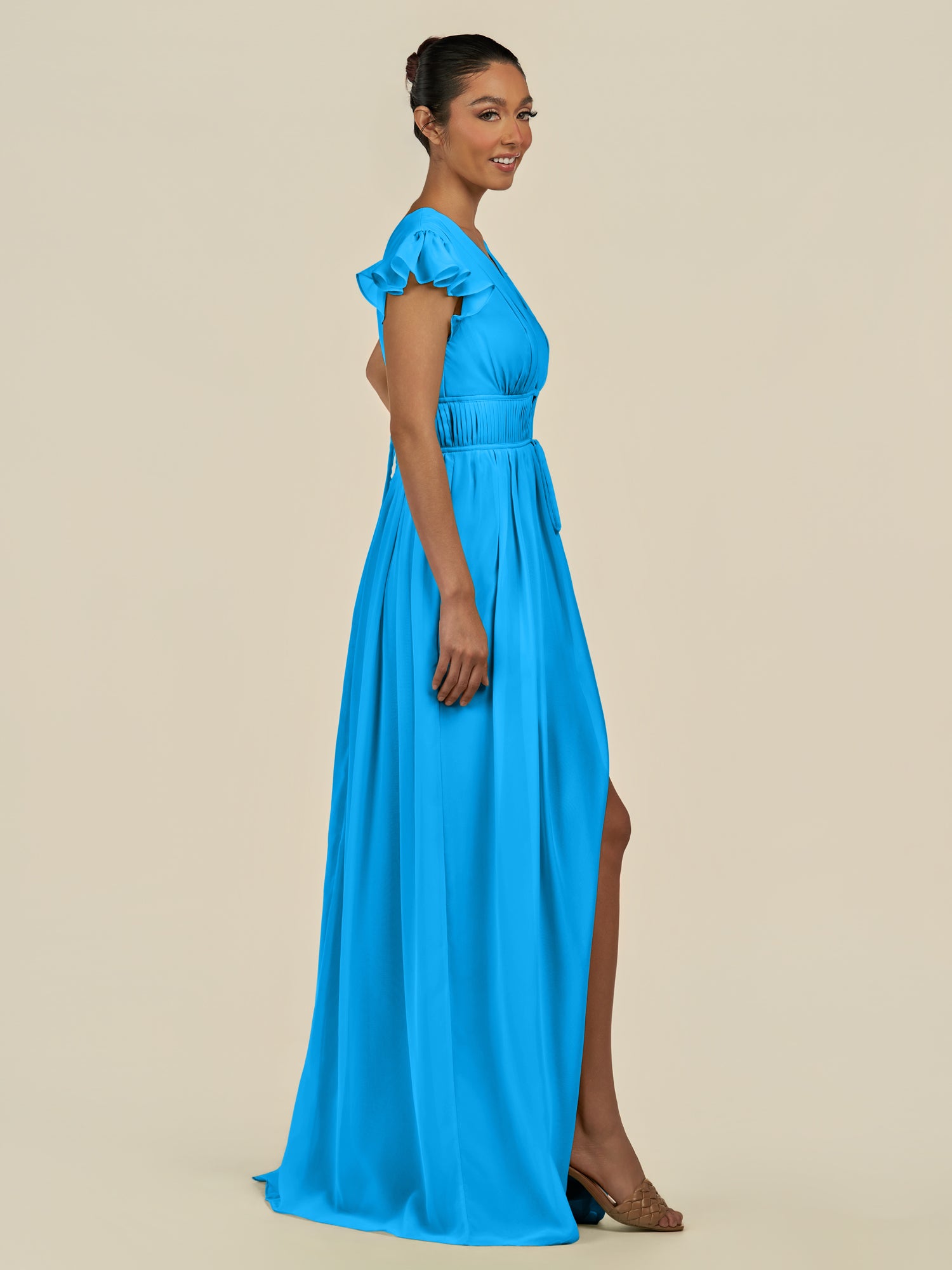 KissDress-Fienna Blue Jay A Line Chiffon Deep V Neck Long Bridesmaid Dress with Flutter Sleeves