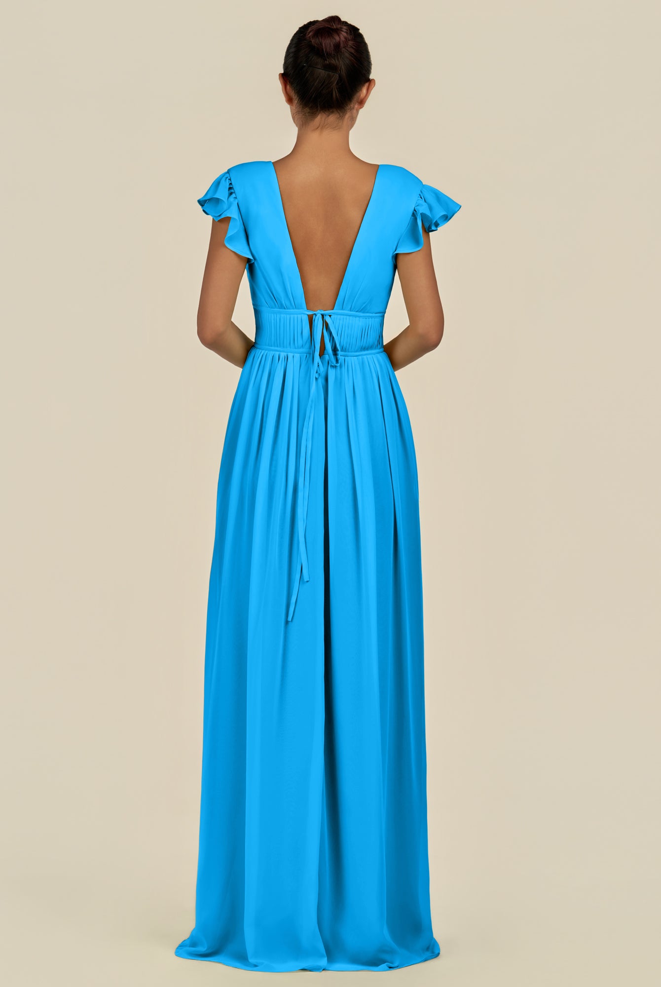 KissDress-Fienna Blue Jay A Line Chiffon Deep V Neck Long Bridesmaid Dress with Flutter Sleeves