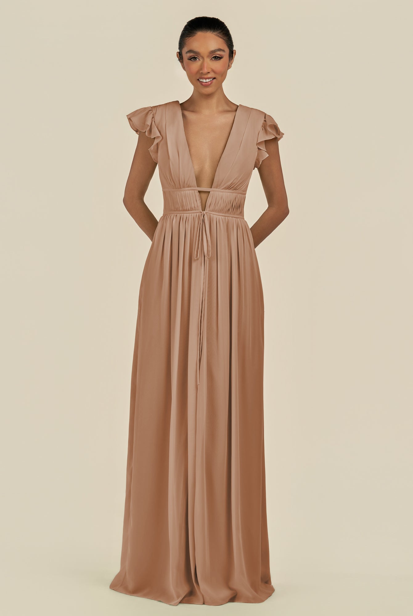 KissDress-Fienna Bronzer A Line Chiffon Deep V Neck Long Bridesmaid Dress with Flutter Sleeves